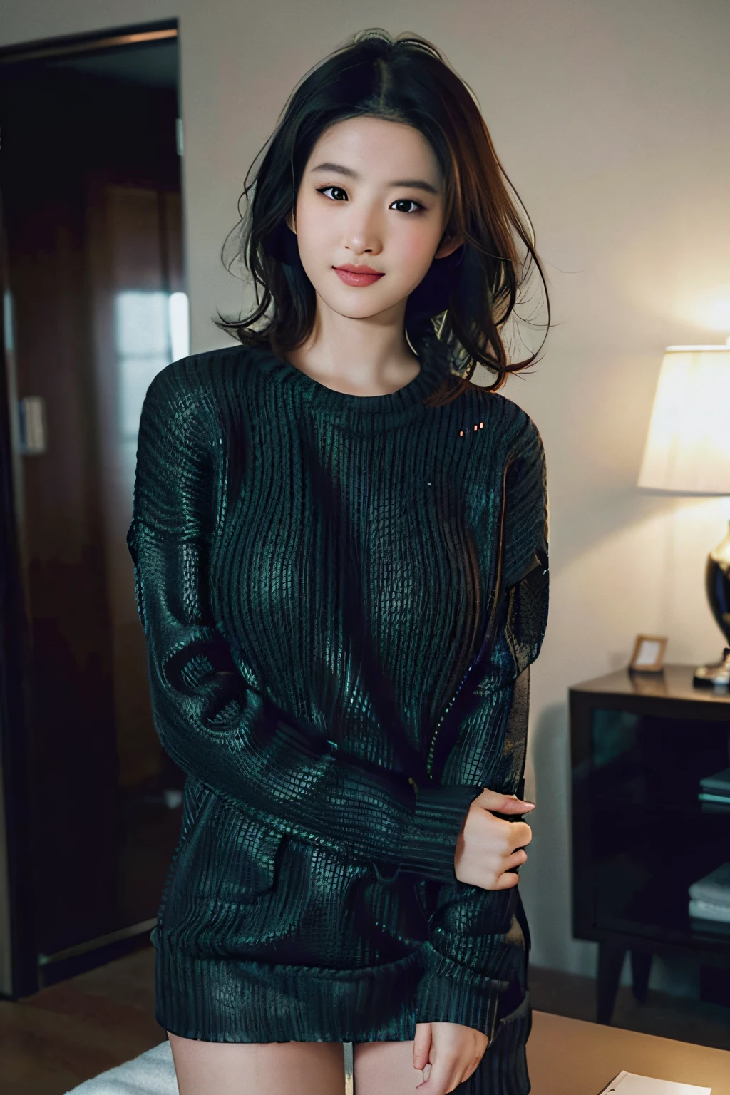 ((best qualtiy, 8K, tmasterpiece:1.3)), Focus:1.2, perfect figure beautiful woman:1.4, Cocked buttocks:1.2, ((Cut hair in layers:1.2)), (medium tits),( Sweater:1.5), Highly detailed facial and skin texture, A detailed eye, 二重まぶた,Whiten skin,long whitr hair,(Keep one's mouth shut:1.3),ssmile