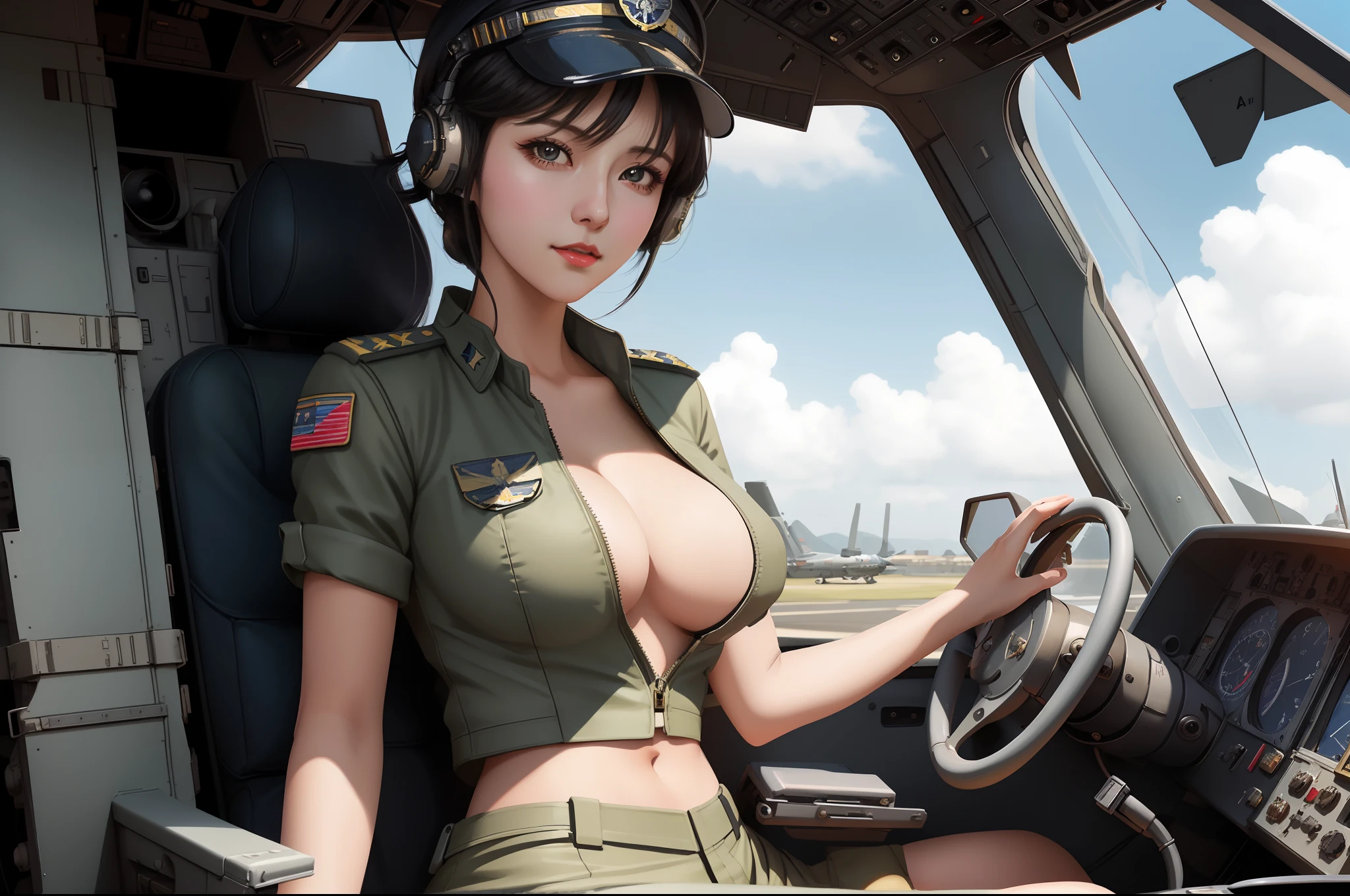 arafed female pilot in uniform sitting in cockpit of plane, pilot girl, cute pilot girl, 70's jetfighter pilot girl, military girl, beautiful digital artwork, artwork in the style of guweiz, detailed digital anime art, mechanized soldier girl, beautiful alluring anime woman, pinup art, pilot outfit, highly detailed digital artwork
