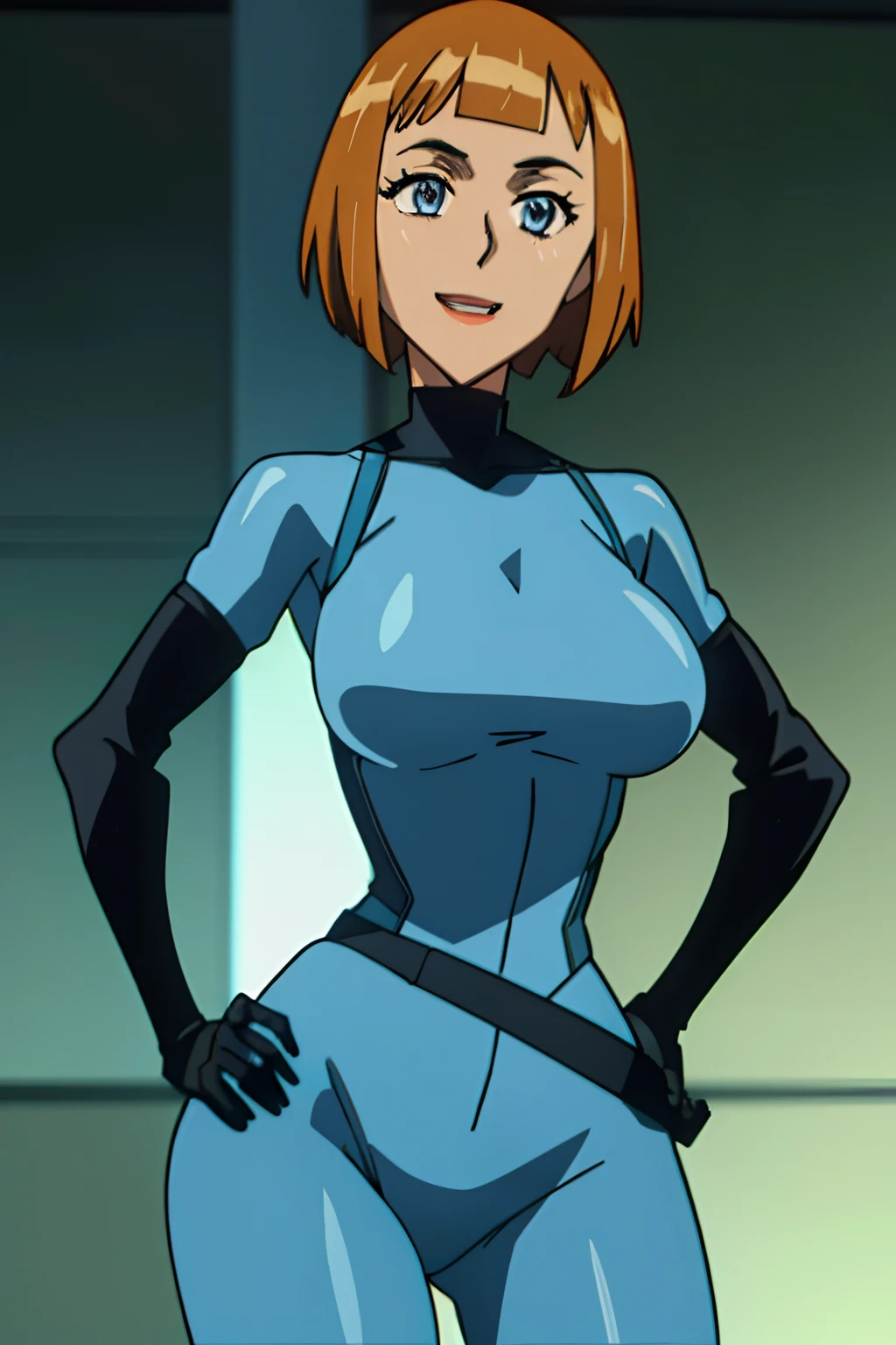 maddie_fenton, skintight suit,  lab background,(skindentation:1.1),1girl,best quality, sharp focus,(Masterpiece), (Best Quality), soft lighting,(specular lighting:1.2),solo, bobcut,smile, upper body, huge breasts, blue suit, black gloves, brown hair, hands on hips, wide hips