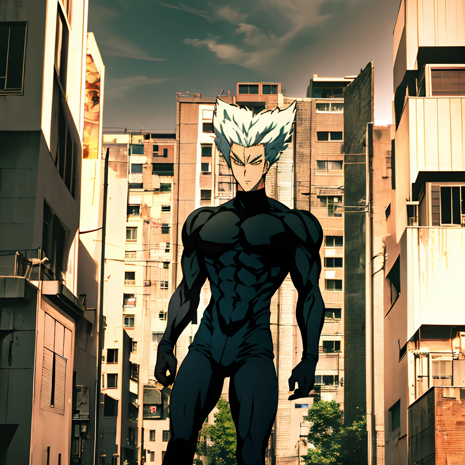 garou, anime, one punch, 1boy, black outfit, upper body, male focus, solo, aura, portrait, serious, standing in a destroyed City, 1 garou