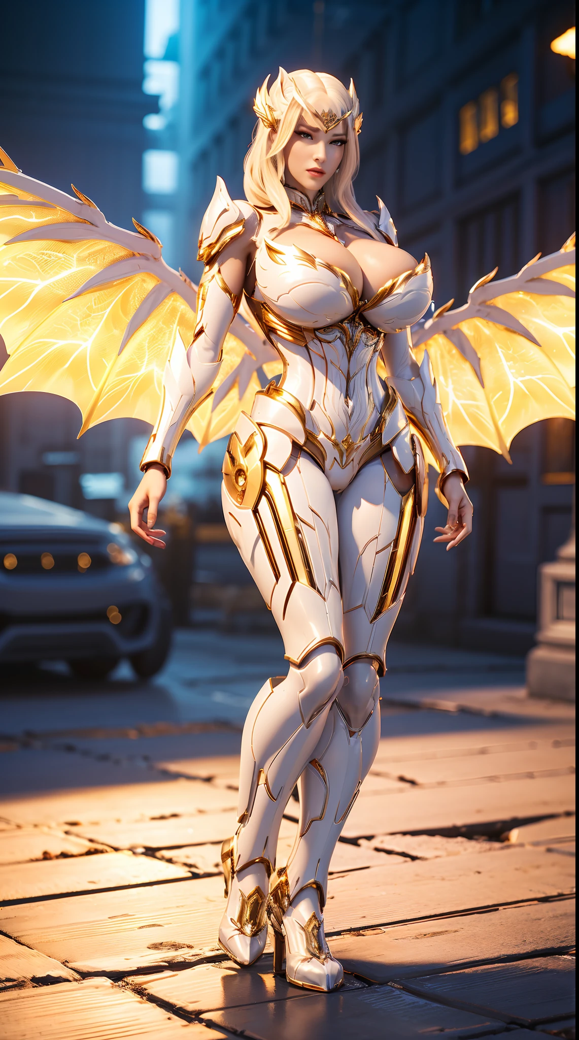 (DRAGON QUEEN), HUGE FAKE BOOBS, (BEAUTIFUL FACE), (GOLD, WHITE), (STREET CITY BACKGROUND), (((A PAIR OF HUGE MECHANICAL WINGS SPREAD OUT))), FUTURISTIC PHOENIX MECHA BODYSUIT, (CLEAVAGE), (SKINTIGHT YOGA PANTS), (HIGH HEELS), (PERFECT BODY:1.2), (FULL BODY VIEW), (LOOKING AT VIEWER), (WALKING DOWN:1), SEXY MUSCULAR BODY, MUSCLE ABS, UHD, 8K, 1080P.