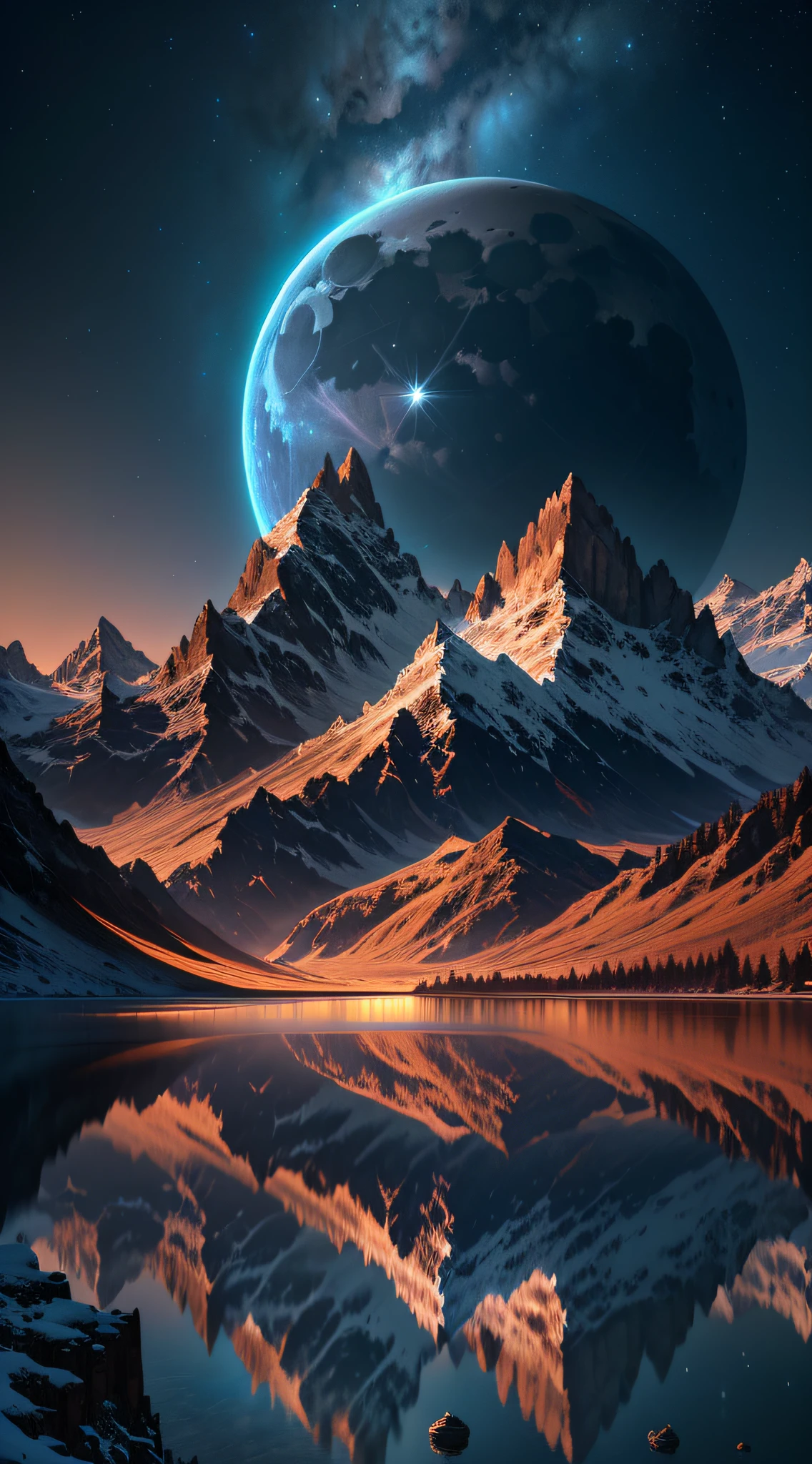 mountains and a lake with a moon in the sky, 4k highly detailed digital art, 4 k hd wallpaper very detailed, impressive fantasy landscape, sci-fi fantasy desktop wallpaper, unreal engine 4k wallpaper, 4k detailed digital art, sci-fi fantasy wallpaper, epic dreamlike fantasy landscape, 4k hd matte digital painting, 8k stunning artwork