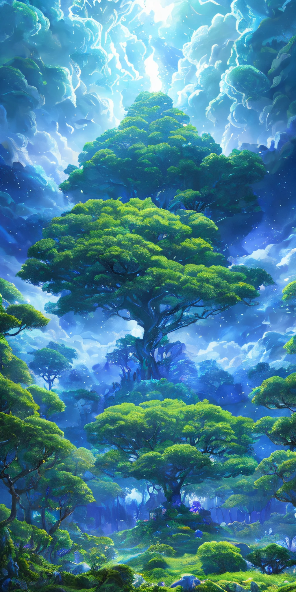 Illustration of a surreal, otherworldly, hyper sky scene including a giant crystal tree full body, highly detailed and magical lighting, intricate forest details, vegetation and surrounding river, solar punk, landscape, giant tree , beautiful green leaves, beautiful lighting and realistic proportions, as if this is a movie background, 8k, highest quality, masterpiece, clouds and stars in the sky.