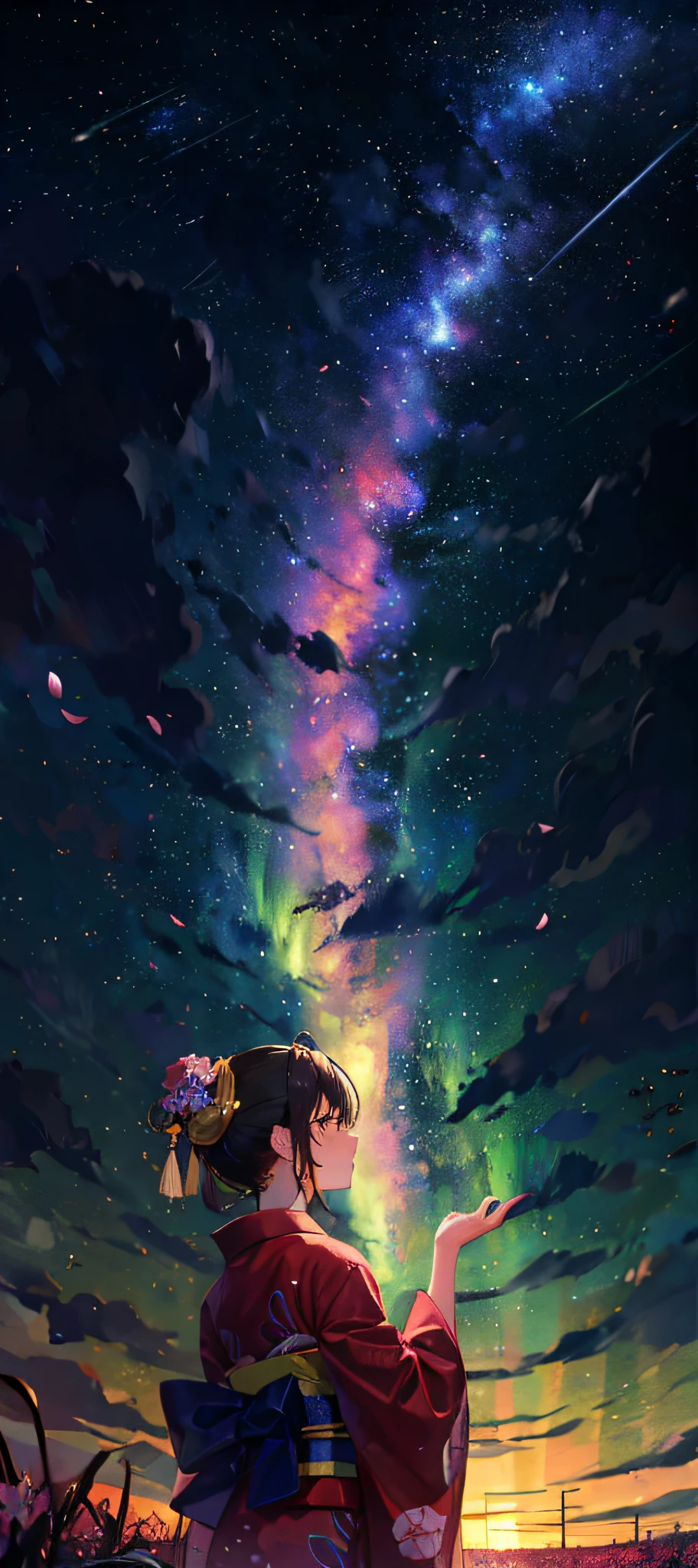 1girl, a distant girl kiss girl in a kimono gazing at the stars, (zoomed: 1.1), (meteor shower: 1.2), (comet: 1.1), your name, low angle, from behind, Northern Lights, meteors, yukata, red kimono, cherry blossoms, standing in the field, best quality, masterpiece, clouds, colorful, starry, stars,