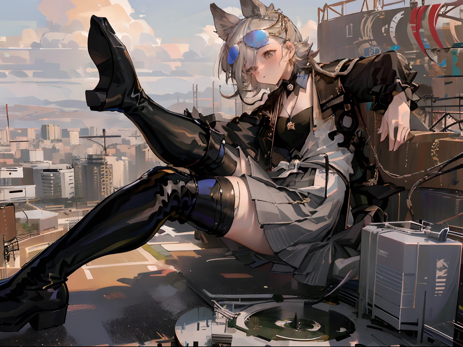 tmasterpiece,high high quality,A high resolution,1girl,独奏,penties,eyewear on head,colored glasses,cowboy lens,Single leg elevation,Single leg high,single leg pantyhose,From the side Side,mediuml breasts,cleavage,looking at viewert,expressiveless,Clouds, view over city, mountain ranges, Masterpiece, Best quality, Highly detailed,Masterpiece,Best quality,offcial art,Extremely detailed Cg Unity 8K wallpaper,{{{Giantess}}},Giant,1girll,modern miniature city,A cold expression,Located in a modern miniature city ,soaking feet,Contact viewers,white panties,The feet emit steam,Smash the city,
