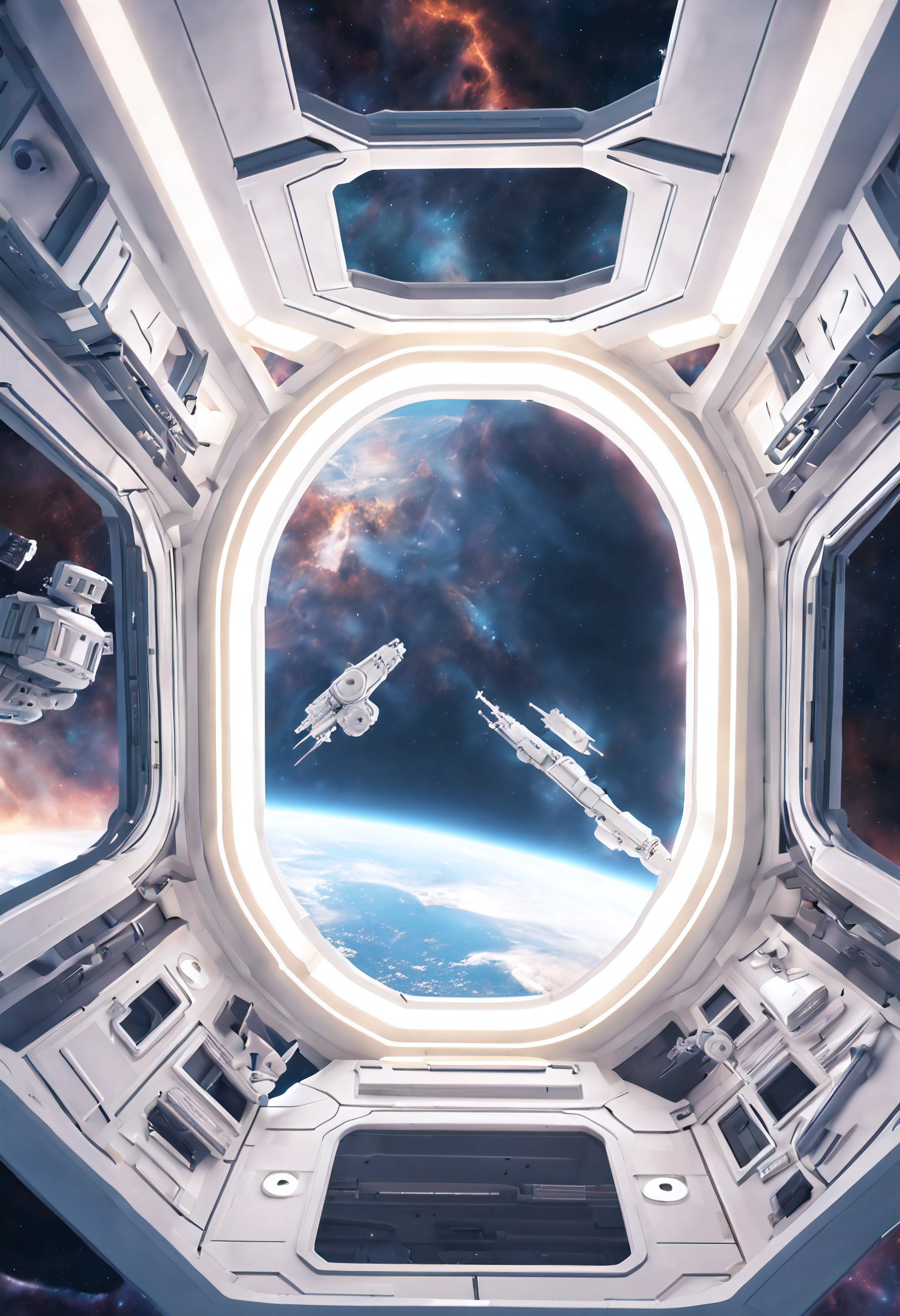 (((view from space: 1.5))) a science fiction spaceship in the EVE-online style against the background of nebulae and stars, cubically angular shapes, rounded structural elements, rectangular portholes illuminated from the inside, volumetric light, uniform illumination, science fiction design, white color, sky-fantastic design, view from space