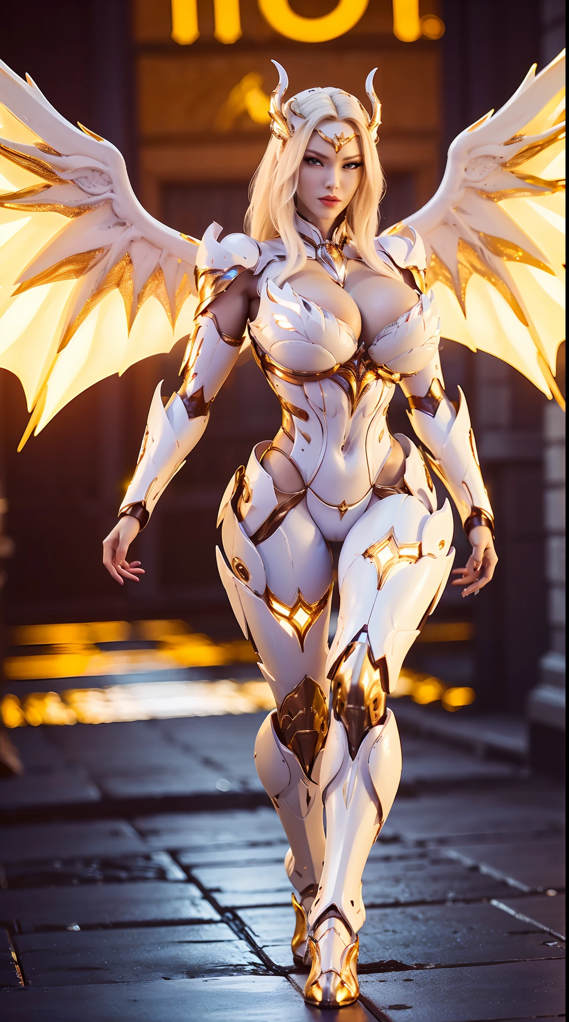 (DRAGON QUEEN), HUGE FAKE BOOBS, (BEAUTIFUL FACE), (GOLD, WHITE), (STREET CITY BACKGROUND), (((A PAIR OF HUGE MECHANICAL WINGS SPREAD OUT))), FUTURISTIC PHOENIX MECHA BODYSUIT, (CLEAVAGE), (SKINTIGHT YOGA PANTS), (HIGH HEELS), (PERFECT BODY:1.2), (FULL BODY VIEW), (LOOKING AT VIEWER), (WALKING DOWN:1), SEXY MUSCULAR BODY, MUSCLE ABS, UHD, 8K, 1080P.