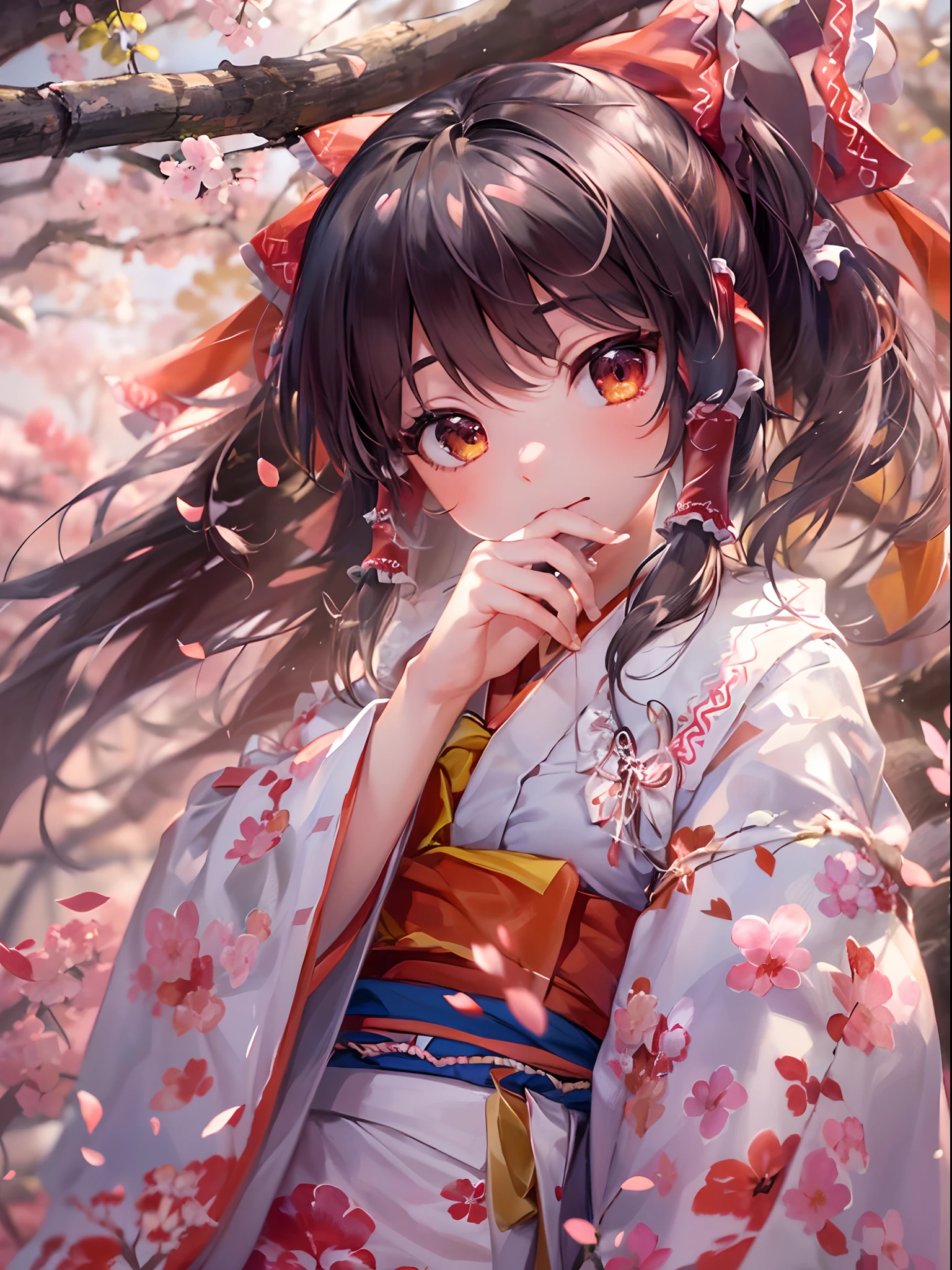 (((hakurei reimu,)))amine illustration,reality:0.5,shukezouma, octane render, hdr, (hyperdetailed:1.15), (soft light, sharp:1.2), 1girl, beautiful girl, ultra detailed eyes, mature, plump, thick, rainbow painting drops,splat, splash,ultra detailed texture kimono, (hair ornaments, earrings), outdoors, sakura trees