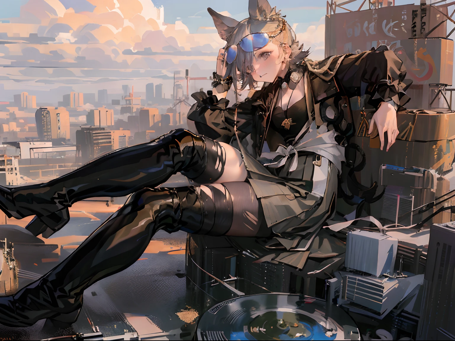 tmasterpiece,high high quality,A high resolution,1girl,独奏,penties,eyewear on head,colored glasses,cowboy lens,Single leg elevation,Single leg high,single leg pantyhose,From the side Side,mediuml breasts,cleavage,looking at viewert,expressiveless,Clouds, view over city, mountain ranges, Masterpiece, Best quality, Highly detailed,Masterpiece,Best quality,offcial art,Extremely detailed Cg Unity 8K wallpaper,{{{Giantess}}},Giant,1girll,modern miniature city,A cold expression,Located in a modern miniature city ,soaking feet,Contact viewers,white panties,The feet emit steam,Smash the city,