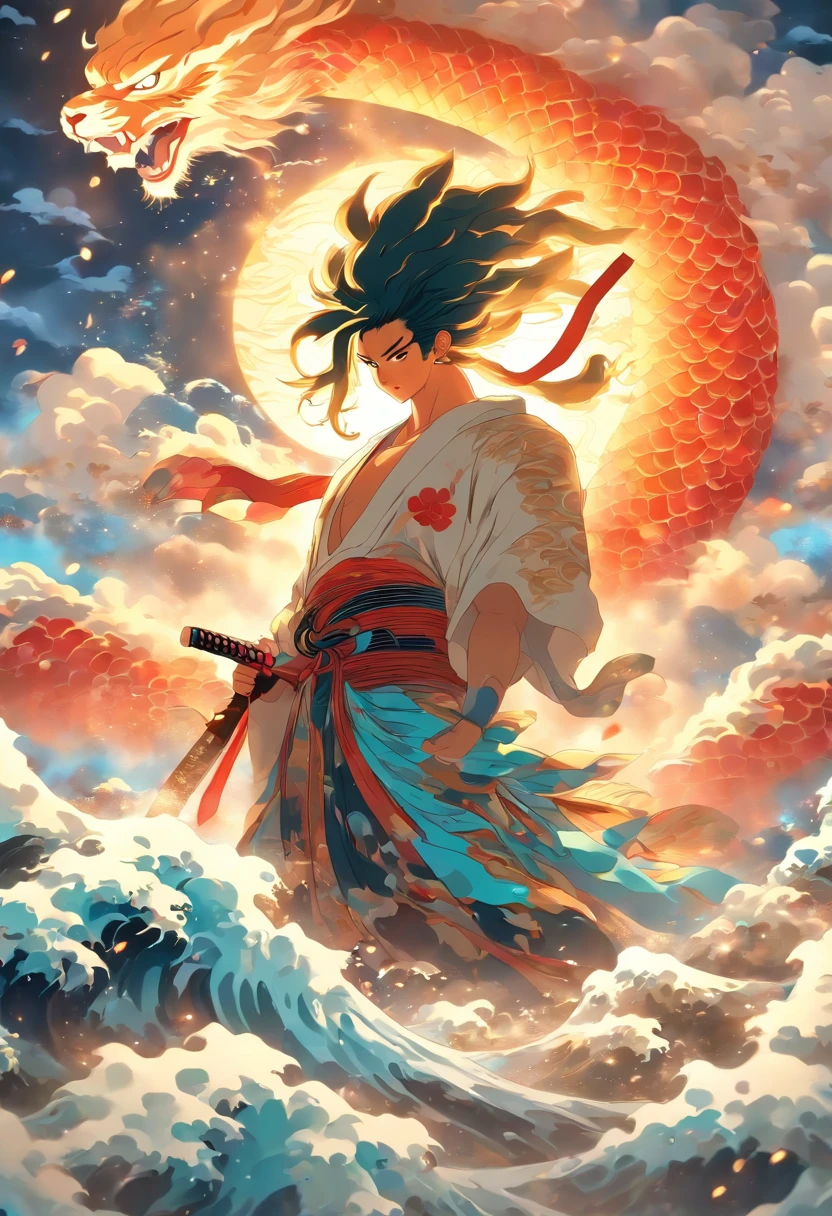 (((Japanese God))) best quality, ultra-high resolution, 4K detailed CG, masterpiece, Man, white clothes, sword, katana, waves, clouds, Japanese mythology, Japan, ((Next to camera)) ,Shui Mo Hua, Japanese painting style, Thangka Style, aesthetics, beautiful image, depth of field, centered on the canvas,