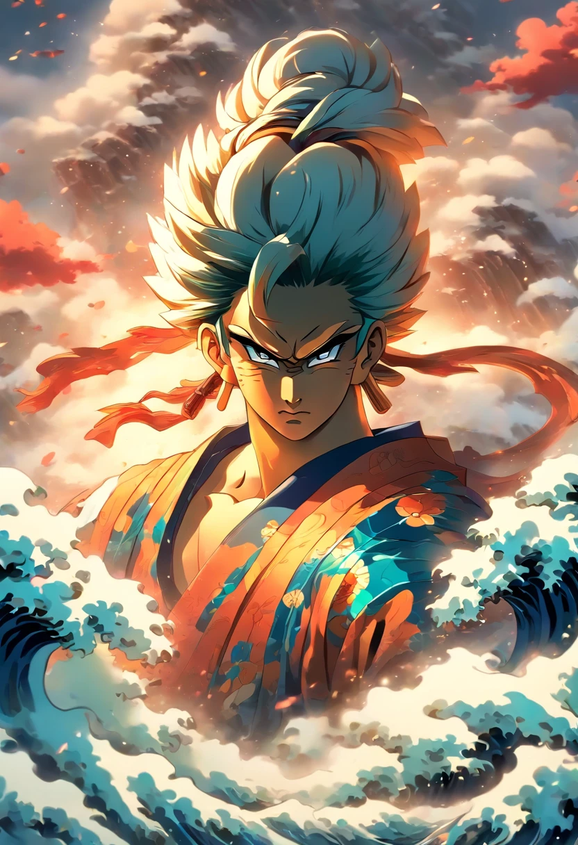 (((Japanese God))) best quality, ultra-high resolution, 4K detailed CG, masterpiece, Man, white clothes, sword, katana, waves, clouds, Japanese mythology, Japan, ((Next to camera)) ,Shui Mo Hua, Japanese painting style, Thangka Style, aesthetics, beautiful image, depth of field, centered on the canvas,