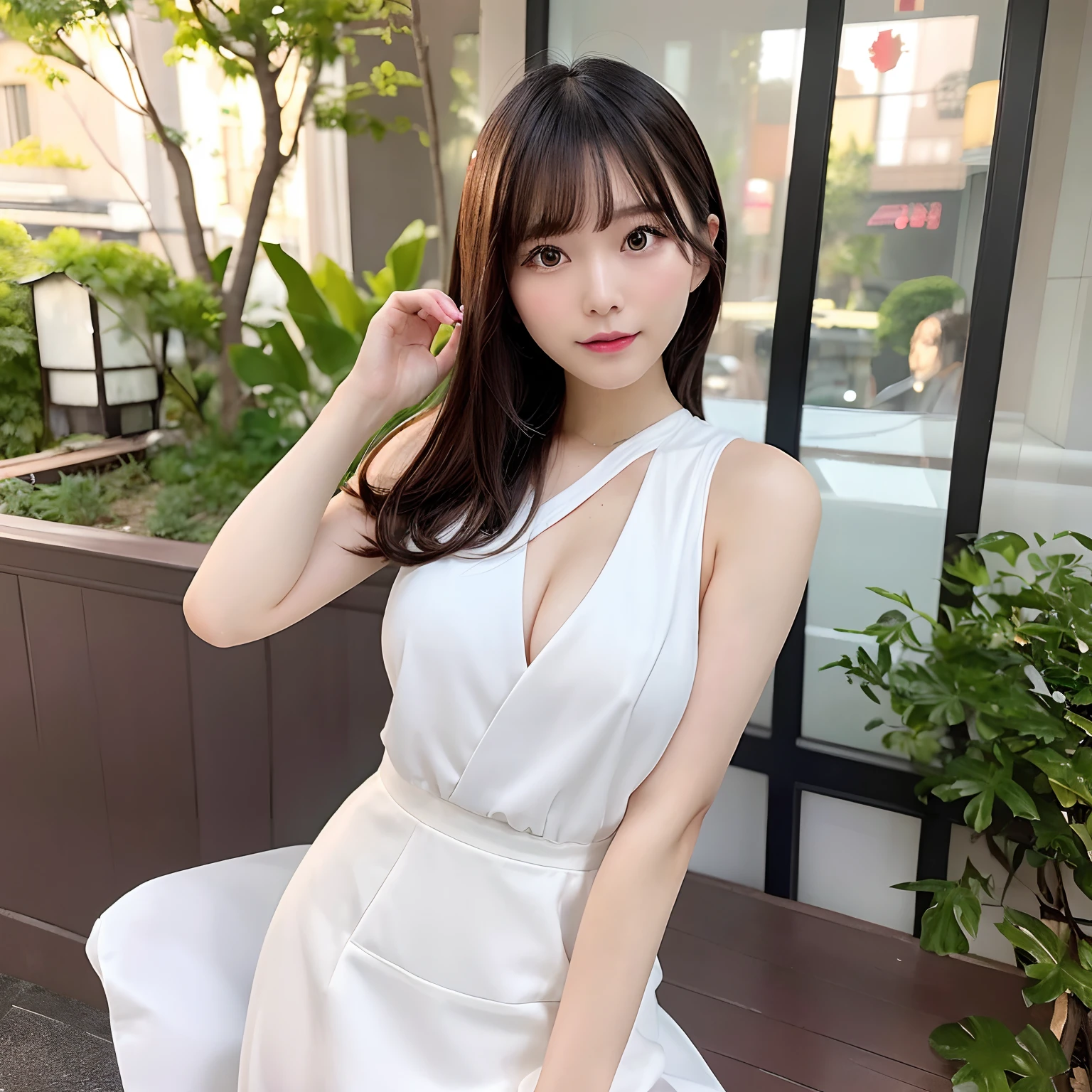 Photorealistic, high-quality 32k photo of a beautiful Japanese girl in an elegant outfit, with detailed eyes and an appreciative smile, enjoying a live jazz performance. She’s wearing a sleek dress with modest jewelry, her hair styled in a chic bob. The image captures her in the intimate setting of a jazz bar, with a focus on her sophisticated taste and the vibrant musical atmosphere