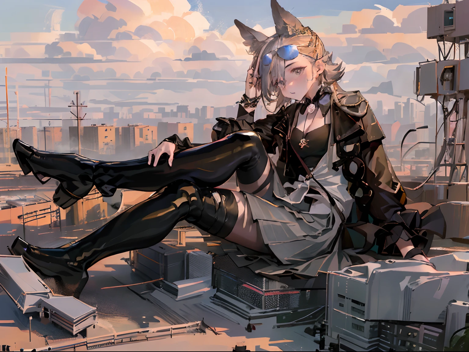 tmasterpiece，high high quality，A high resolution，1girll，独奏，penties，eyewear on head，Colored glasses，cowboy lens，Single leg elevation，Single leg high，single leg pantyhose，From the side Side，mediuml breasts，cleavage，looking at viewert，expressiveless，Clouds， view over city， mountain ranges， Masterpiece, Best quality, Highly detailed,Masterpiece,Best quality,offcial art,Extremely detailed Cg Unity 8K wallpaper，{{{Giantess}}}，Giant，1girll，modern miniature city，A cold expression，Located in a modern miniature city ，soaking feet，Contact viewers，The feet emit steam，Smash the city，