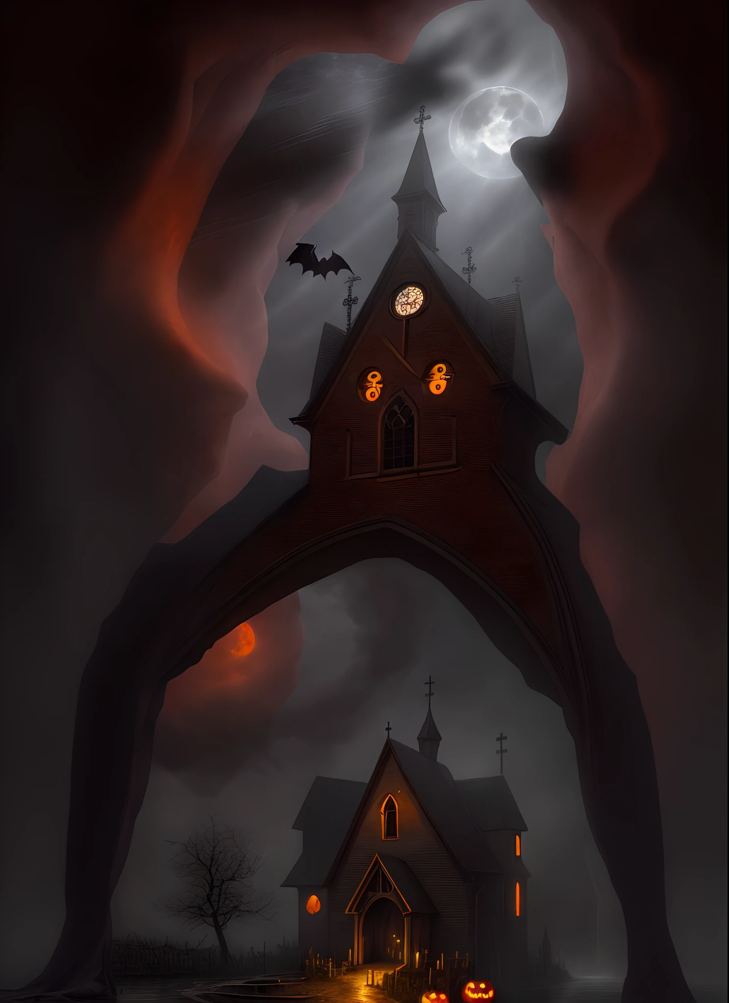 the bats, red full moon, fisheyelens, pumpkins,Cogumelos,small bridge flowing water,The tree,grape trees,an overgrown,A flock of chickens,Lightning,violent storm,cawing ravens,basketball ball,mistic, darkly,borgar,Church of the Cross,dense fog,Heavy fog,rays of moonlight,UHR,Black Forest,Thorns,waxy candles,,Abandoned church,