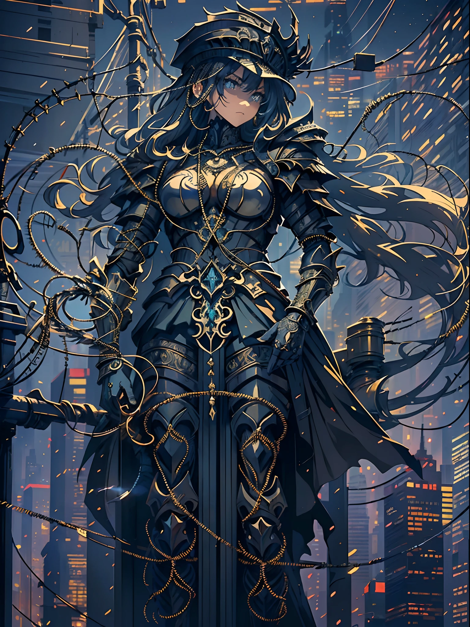 (Industrial backdrop:1.15), (masterful wire sculpture:1.3), (imposing justiciar:1.2), (ornate armor:1.28), (holding scales of justice:1.24), (surrounded by intricate wires:1.26), (nighttime vigilance:1.18), (urban sentinel:1.22), (heroic silhouette:1.3).