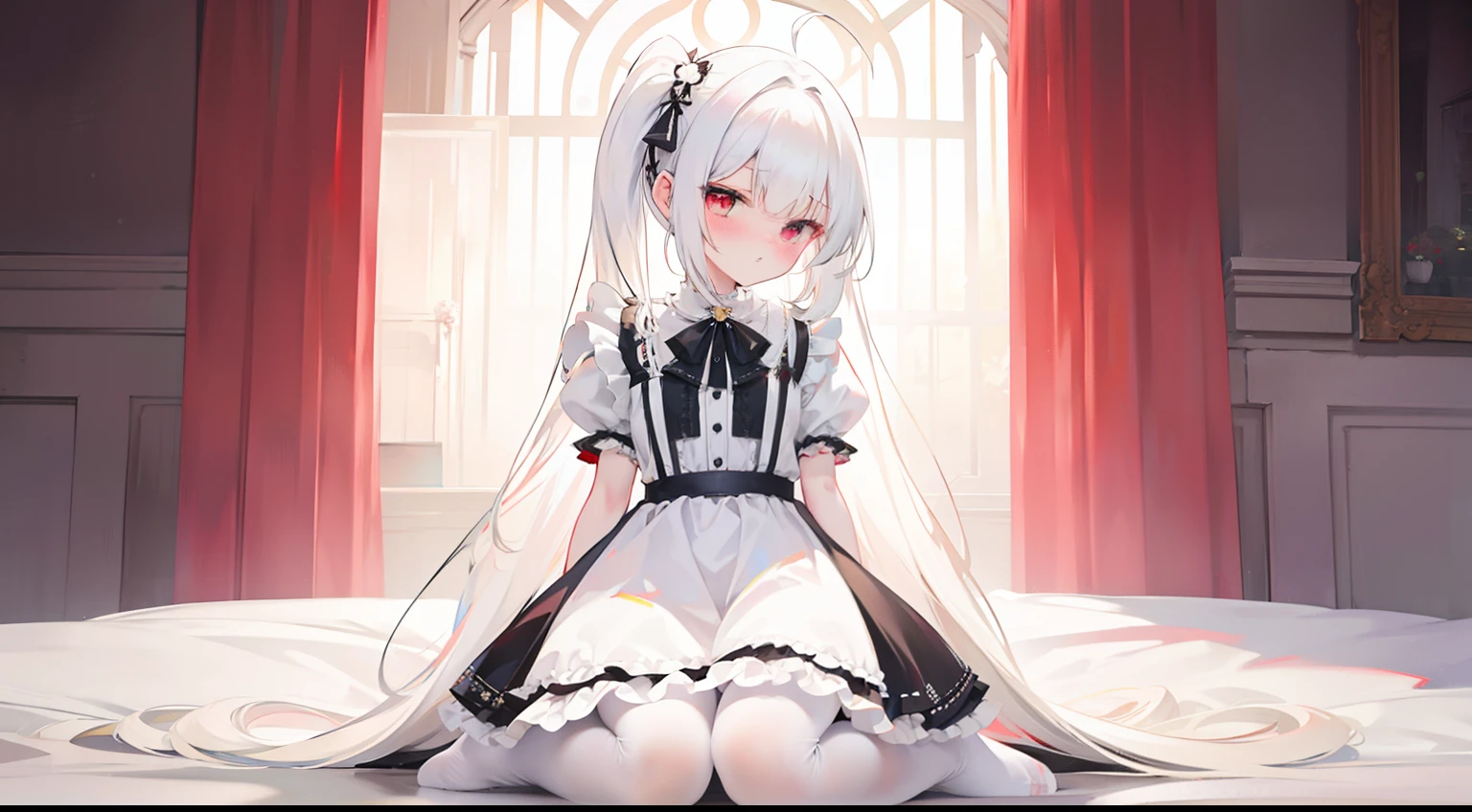 ahoge,bangs,Side_pony tails,White_Hair,Red_Eyes,reaching,Embarrassed,standing,Loli,flat_chest,slippers,shift dresses,rendering by octane,Meticulous painting,flowers meadows,angle of view,shoulder cutout,From above,full bodyesbian,Perspective,Overall view,,on top of the bed,Bedroom,A high resolution,art of light novel,art of light novel,Petite,lolita fashion,Petite,Babe,ahoge,Long hair,White hair,White_Hair,Red_Eyes,Kneeling&setting on floot,wariza,Slim legs,hand between legs,Blush,Beautiful detailed eyes,Sweet_Lolita,White pantyhose,White stockings,White_upper legs,no shoe,Collar,neck bowtie,Tiny_chest,Tiny_chest,One guy,One guy,Maid dress,dress,