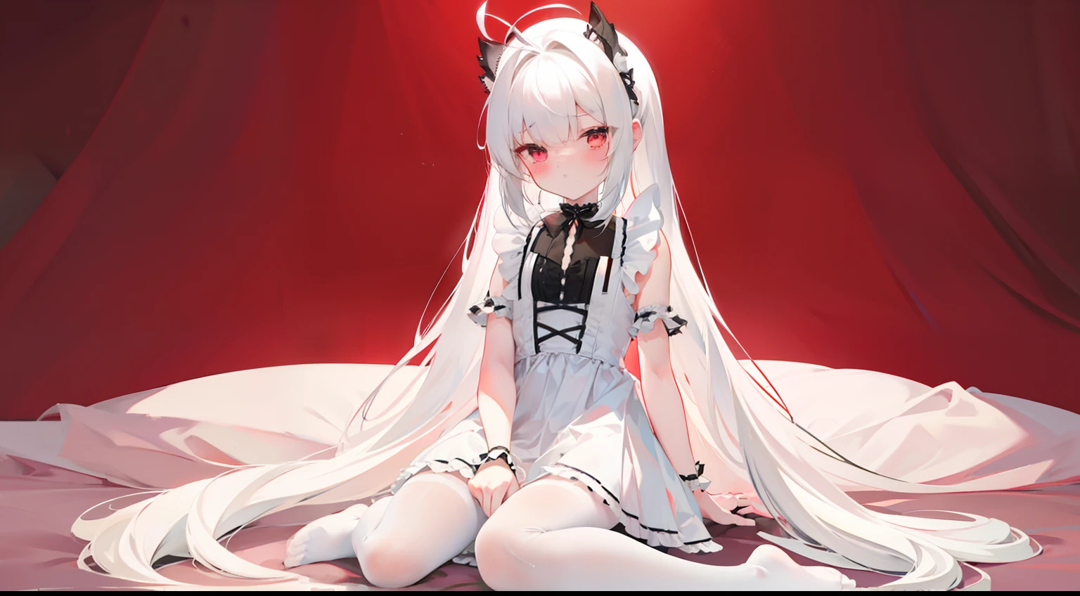 ahoge,bangs,Side_pony tails,White_Hair,Red_Eyes,reaching,Embarrassed,standing,Loli,flat_chest,slippers,shift dresses,rendering by octane,Meticulous painting,flowers meadows,angle of view,shoulder cutout,From above,full bodyesbian,Perspective,Overall view,,on top of the bed,Bedroom,A high resolution,art of light novel,art of light novel,Petite,lolita fashion,Petite,Babe,ahoge,Long hair,White hair,White_Hair,Red_Eyes,Kneeling&setting on floot,wariza,Slim legs,hand between legs,Blush,Beautiful detailed eyes,Sweet_Lolita,White pantyhose,White stockings,White_upper legs,no shoe,Collar,neck bowtie,Tiny_chest,Tiny_chest,One guy,One guy,Maid dress,dress,