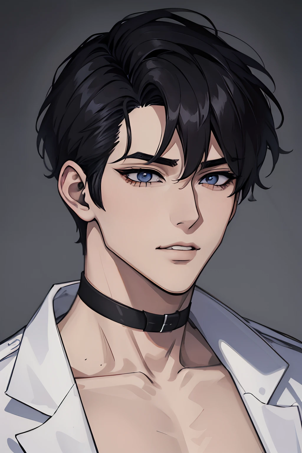 Manhwa Arte Europeo, 25 years old man, Pelo desordenado de la cabecera, Cabello negro azabache, ojos penetrantes, cejas gruesas, Llevar disfraz de vampiro, ojos amarillos, orejas punteagudas, colmillos salientes de su boca, sangre resbalando de su boca, amenazante, sexy, sensual, razor-sharp jawline, mirada penetrante, Cold and mysterious character, 8k, Detailed features, muy guapo