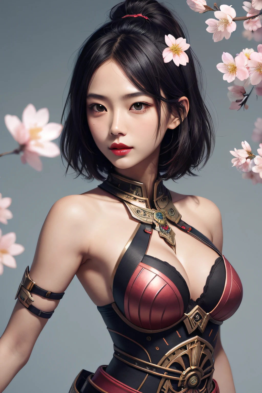 beautiful japanese young woman, wearing ninja armor, thick symmetrical features, very short hair, background is cherry blossoms, pink aura, red lips, octane render,