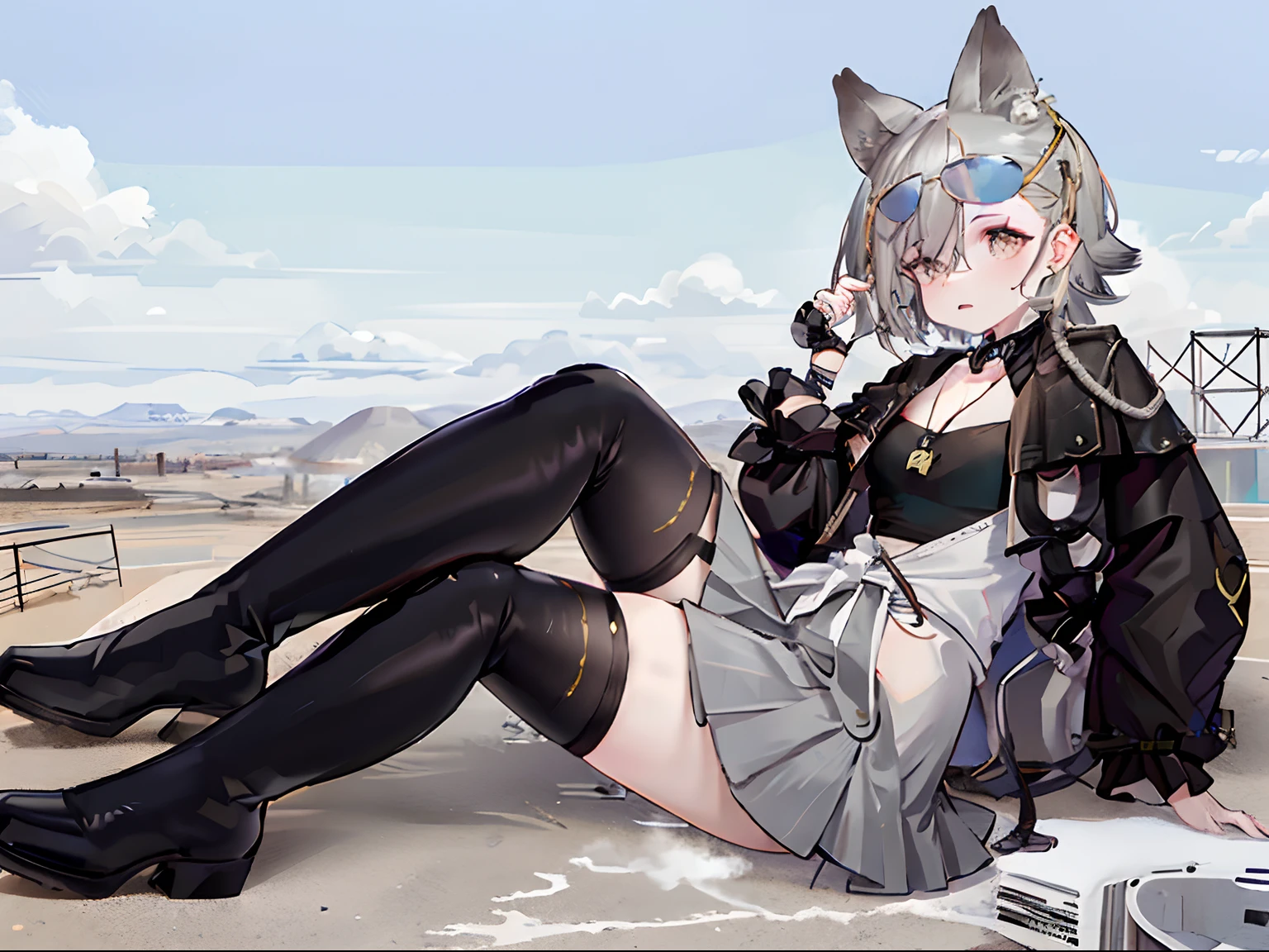 tmasterpiece,high high quality,A high resolution,1girll,独奏,penties,eyewear on head,Colored glasses,cowboy lens,Single leg elevation,Single leg high,single leg pantyhose,From the side Side,mediuml breasts,cleavage,looking at viewert,expressiveless,Clouds, view over city, mountain ranges, Masterpiece, Best quality, Highly detailed,Masterpiece,Best quality,offcial art,Extremely detailed Cg Unity 8K wallpaper,{{{Giantess}}},Giant,1girll,modern miniature city,A cold expression,Located in a modern miniature city ,soaking feet,Contact viewers,The feet emit steam,Smash the city,