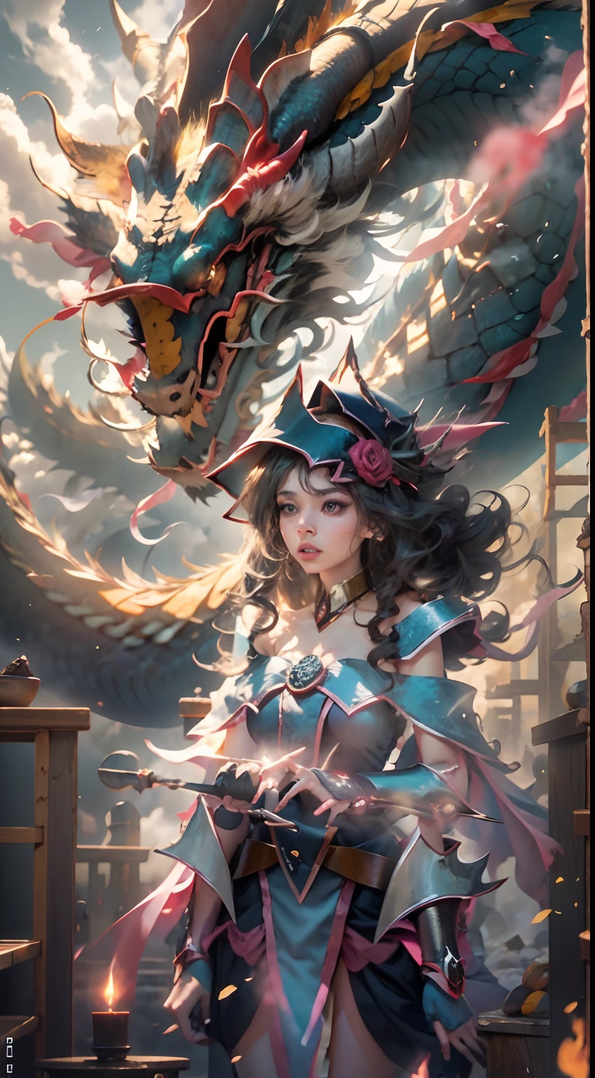 The Chinese White Divine Dragon rose into the air，（Dark Mage manipulates the dragon：1.3），（La chica maga oscura se pone de pie：1.3），Las nubes del cielo rodean los alrededores，magia de luz，fantastic background，Significado de fondo，Ridiculous background，There are artistic overlays，cabello rubio, surrealismo, cinematic lighting, Trazado de rayos, Luz de Dios, Speed Line, view angle, hiper HD, obra maestra, La mejor calidad, Super detail, A high resolution, alta calidad，（vista lejana：1.3）