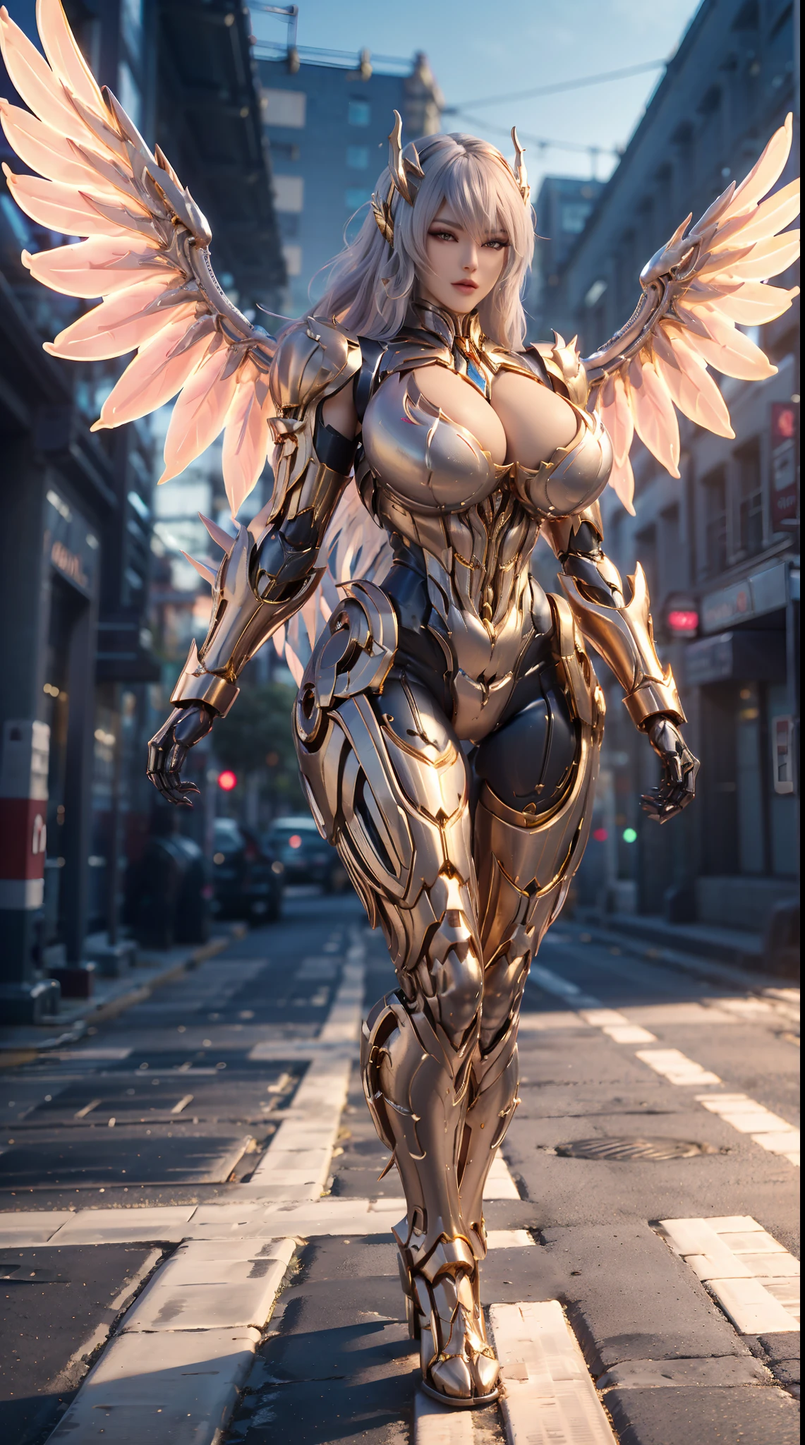 (DRAGON QUEEN), HUGE FAKE BOOBS, (BEAUTIFUL FACE), (GOLD, WHITE), (STREET CITY BACKGROUND), (((A PAIR OF HUGE MECHANICAL WINGS SPREAD OUT))), FUTURISTIC PHOENIX MECHA BODYSUIT, (CLEAVAGE), (SKINTIGHT YOGA PANTS), (HIGH HEELS), (PERFECT BODY:1.2), (FULL BODY VIEW), (LOOKING AT VIEWER), (WALKING DOWN:1), SEXY MUSCULAR BODY, MUSCLE ABS, UHD, 8K, 1080P.