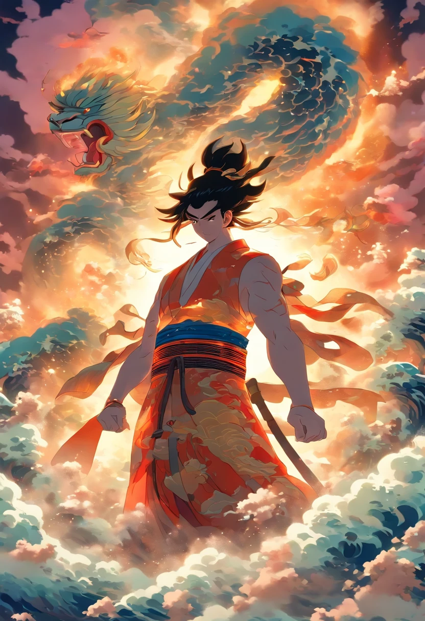 (((Japanese God))) best quality, ultra-high resolution, 4K detailed CG, masterpiece, Man,black hair,white clothes,waves,clouds,storm,Japanese mythology, Japan, ((Next to camera) ),Shui Mo Hua, Japanese painting style, Thangka Style, aesthetics, beautiful image, depth of field, centered on the canvas,