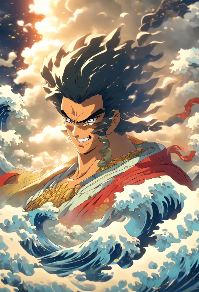 (((Japanese God))) best quality, ultra-high resolution, 4K detailed CG, masterpiece, Man,black hair,white clothes,waves,clouds,storm,Japanese mythology, Japan, ((Next to camera) ),Shui Mo Hua, Japanese painting style, Thangka Style, aesthetics, beautiful image, depth of field, centered on the canvas,