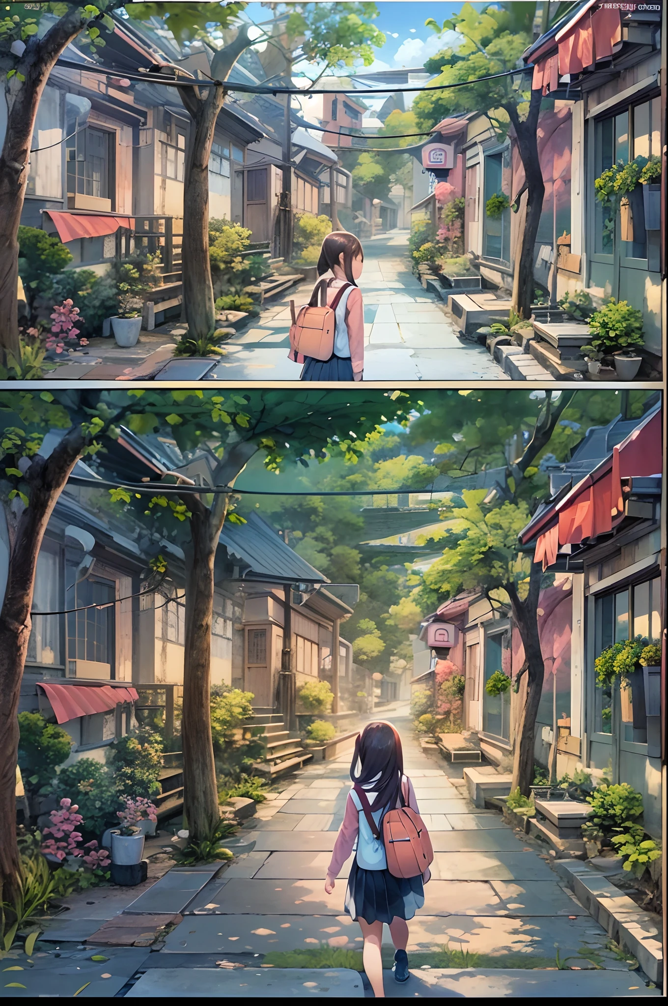 (((Comic storyboard))),comic strip,Two-dimensional picture,Manhwa Style,Ultra-wide angle of view,China-style,A young girl with a schoolbag runs on the streets of a scenic town,Vivid and bright colors,super-fine,ultra - detailed,high qulity,8K ,oc rendered,dynamic viewing angle,Hyper-realistic,Hyper Real,Ultra photo realsisim
