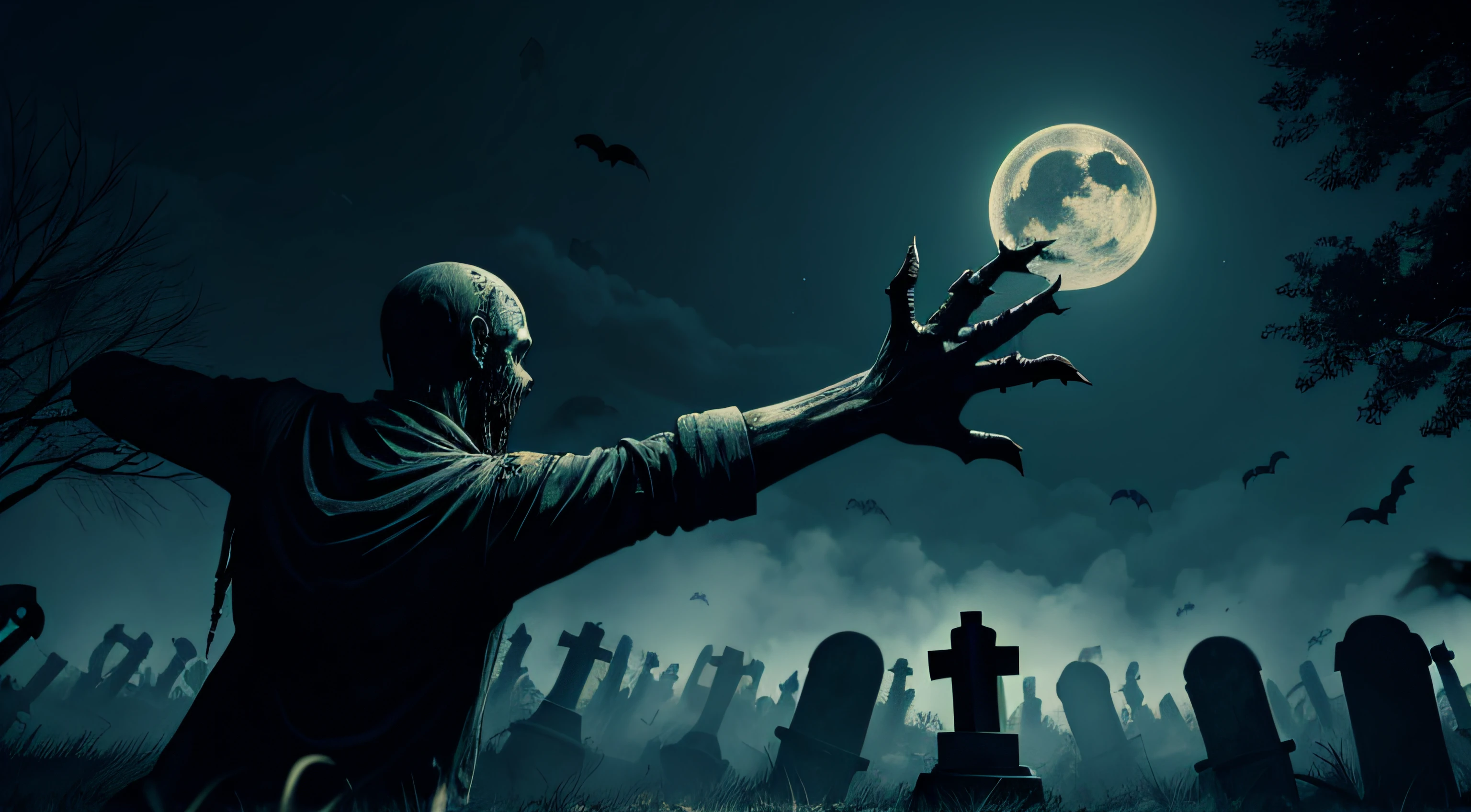 A hand rising from the ground under a full moon in a creepy graveyard, digital art, tags: zombie hand, full moon, rainy night, graves, barren trees, eerie atmosphere, dark blue tones, spooky, horror concept, undead, Halloween theme, silhouette, moonlight, heavy rain, digital painting, fantasy, gothic ambience, nocturnal scene, supernatural, distressed texture, cemetery, foreboding.