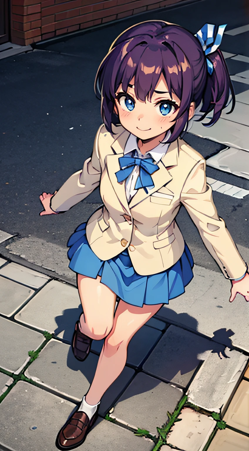 (Masterpiece),(top-quality),Her hair is tied together with a blue ribbon on the right side of her head.,Venice,Brick cobblestones,Walking,Running towards you, Composition from the knee up,Built for cameras,oriented,student clothes,(soio), Full body like,(Blazer in off-white color:1.3),(long-sleeve:1.3),(Blue skirt:1.3),((flat udder)),((Slim thighs)),cute little,Nice big blue eyes, (High detail eyes),Blushing with embarrassment, a smile, dark purple hair, Very Shorthair,A wide blue ribbon on the chest, Loafer shoes, Girl, Soft skin, High school students,Mature body,Well-maintained sidewalks,Nice cobblestones,Beautiful street trees,look up to, ( Colorful splashes) ,colorful bubble, Floating Droplets,Perspective, Overhead configuration, f lare, Fine Features, Perfect Anatomy Tommy, Centered, Perfect distance, Highly detailed, with an intricate, acurate, Highly detailed rich colors, taming, Rich colors, clean, Rich colors, elaborate details, golden ratio illustrations