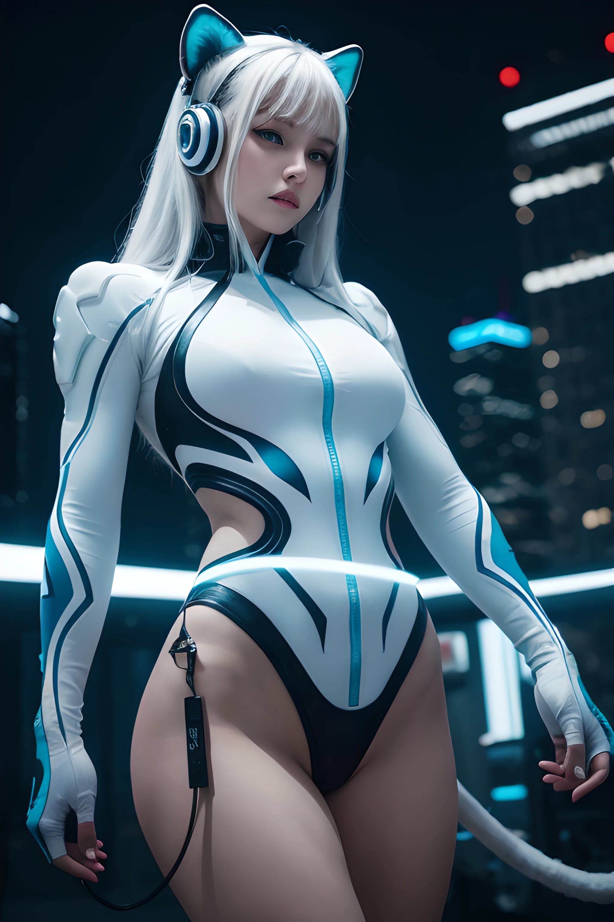 A woman with the features of a white tiger, Open blue hood, earphones, ((bloom)), (neon lights), (Masterpiece), (Thoughtfully colorful), zipper, falling to the ground, (Ultra High Quality), (8K quality ), Depth of field, diffused lighting, ((Soft Detail)),
Rock style, Blue Light Effects, (Realistic: 1.3), (Sharpened), futuristic city, Layering, Glossy, Detailed flash, (The body is curved)