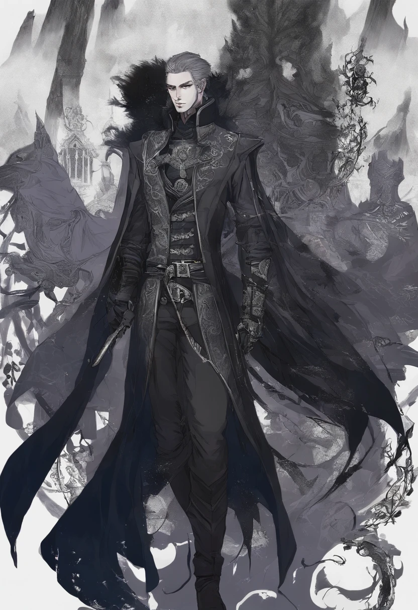 1 homem, adulto, homem, cabelos pretos, HOMEM, olhos finamente detalhados, olhando para o espectador, solo, rosto detalhado, (bloodborne horror), palido, black dark and rough leather clothes, discretion, disguised, noite, sombras, mistborn, boca fechada, pele branca palida, undead, renascido, revenant, olhos azuis brilhantes, olhos brilhantes, OLHOS BRILHANTES LUMINOSOS, homem de cabelo longo preto, cabelo preto, Cabelos longos amarrados, com um olho azul brilhante com veias negras, Usa uma jaqueta preta longa, Like a blood hunter, Nas costas, ele carrega uma espada, retro fashion, Dungeon and Dragons Personagem Dark Fantasy Arte Digital Muted Pastel Colors, muted retro colors, CRT TV Screen por Tsukasa Hojo e Toshihiro Kawamoto -