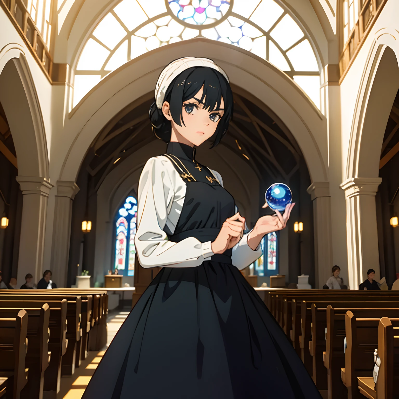 girl with black hair, Inside the church, Stores brightly glowing crystal balls