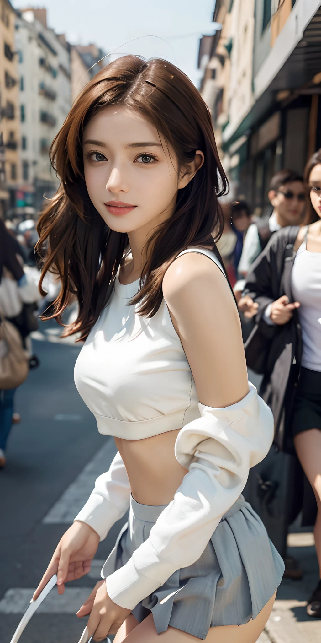Best Quality, Beautiful Woman, curved, Cropped Top, miniskirt, City streets, realism, Soft tones, Clean lines.