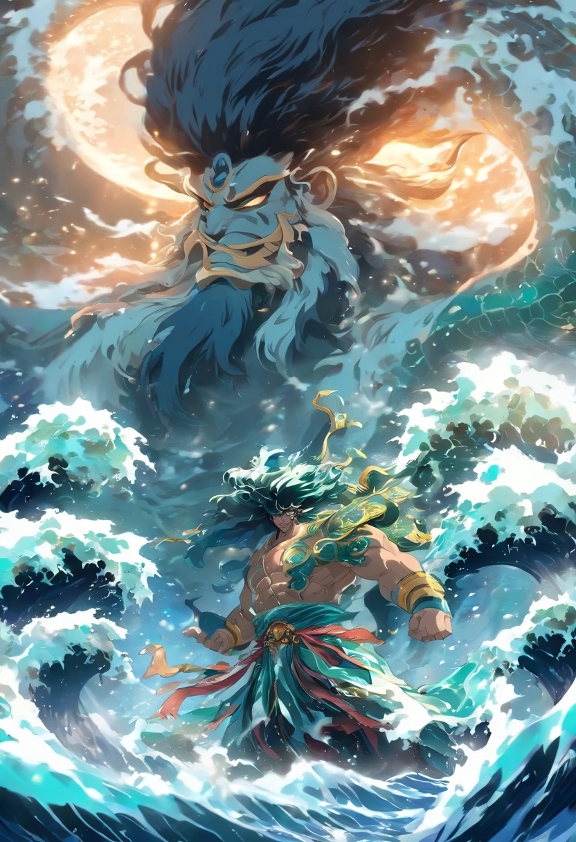 (((God of the seas))) best quality, ultra-high resolution, detailed CG in 4K, masterpiece, black hair, white clothes, storm, Japanese mythology, Japan, ((Next to camera)) ,Shui Mo Hua, Japanese painting style, Thangka Style, aesthetics, beautiful image, depth of field, centered on the screen
