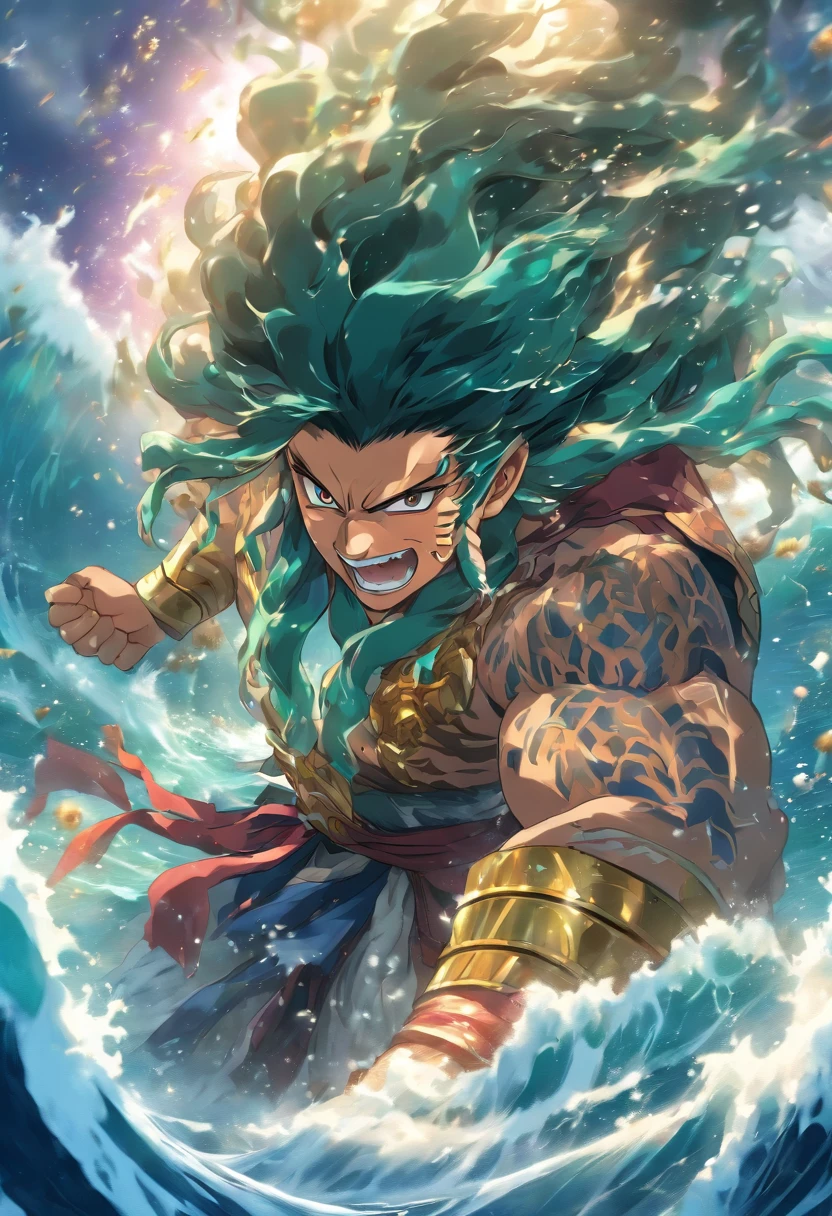 A mature male Chinese merman is depicted in anime style, with beautiful small aqua ear fin, fins on limbs, purple mermaid tail with purple long hair and purple eyes, wearing purple clothes, his right hand is holding a long golden spear