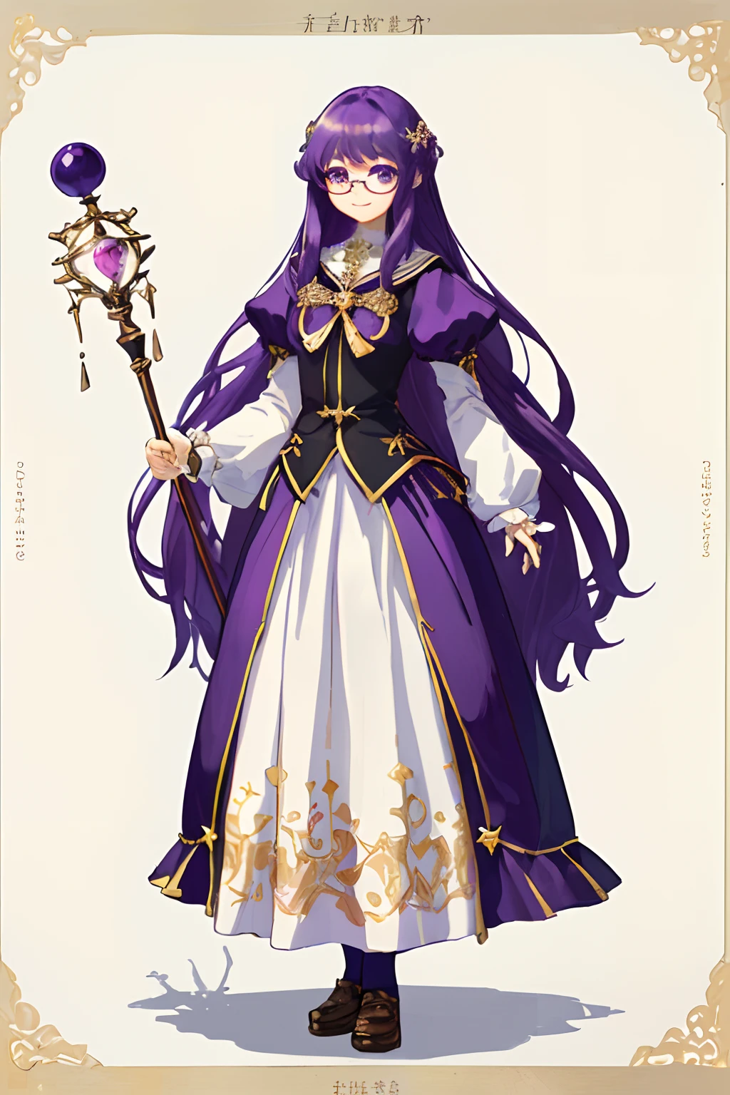 ((Masterpiece)), (highest quality))), (Character design sheet, national costume, same character, front, side, back), illustration, 1 girl, full body, purple hair, long hair, beautiful eyes, princess cut, environmental change scene, long skirt, shyness, woman, girl, standing, magic school uniform, white glasses, white uniform, simple magic staff, book, nerd , shyly smile (simple background, white background: 1.3) ( Masterpiece:1.2), (Best Quality:1.3)