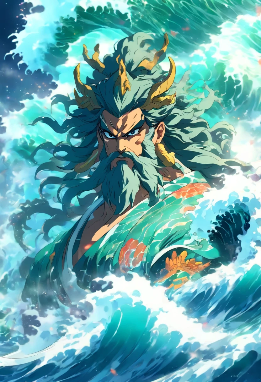(((God of the seas))) best quality, ultra-high resolution, detailed CG in 4K, masterpiece, black hair, white clothes, waves, clouds, storm, Japanese mythology, Japan, ((Next to camera)) ,Shui Mo Hua, Japanese painting style, Thangka Style, aesthetics, beautiful image, depth of field, centered on the screen