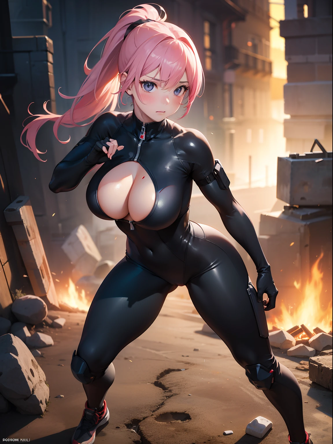 (Best quality,4K,8K,A high resolution,Masterpiece:1.2),Ultra-detailed,(Realistic,Photorealistic,photo-realistic:1.37),hdr,hyper HD,Studio lighting,Ultra-fine painting,Sharp focus,Physically-based rendering,Extreme detail description,professional,Vivid colors,Bokeh,sportrait,landscape,Horror,anime big breast,Sci-fi,Photography,Concept artist,Five fingers,huge tit,Buttock augmentation,Bursting chest,A woman surrounded by many hooligans,Dirt and long legs,Fitness model,Pink ponytail,Height 175cm,Fair skin,Painful expressions,perspire,Blushing,bleeding from the corners of her mouth,in  black tight bodysuit,There are claw marks on the chest,Stand on the path of firelight,Full body view,Cospaly Promotion,All roles,Shot with Canon 5D MK4,Cospali photo.