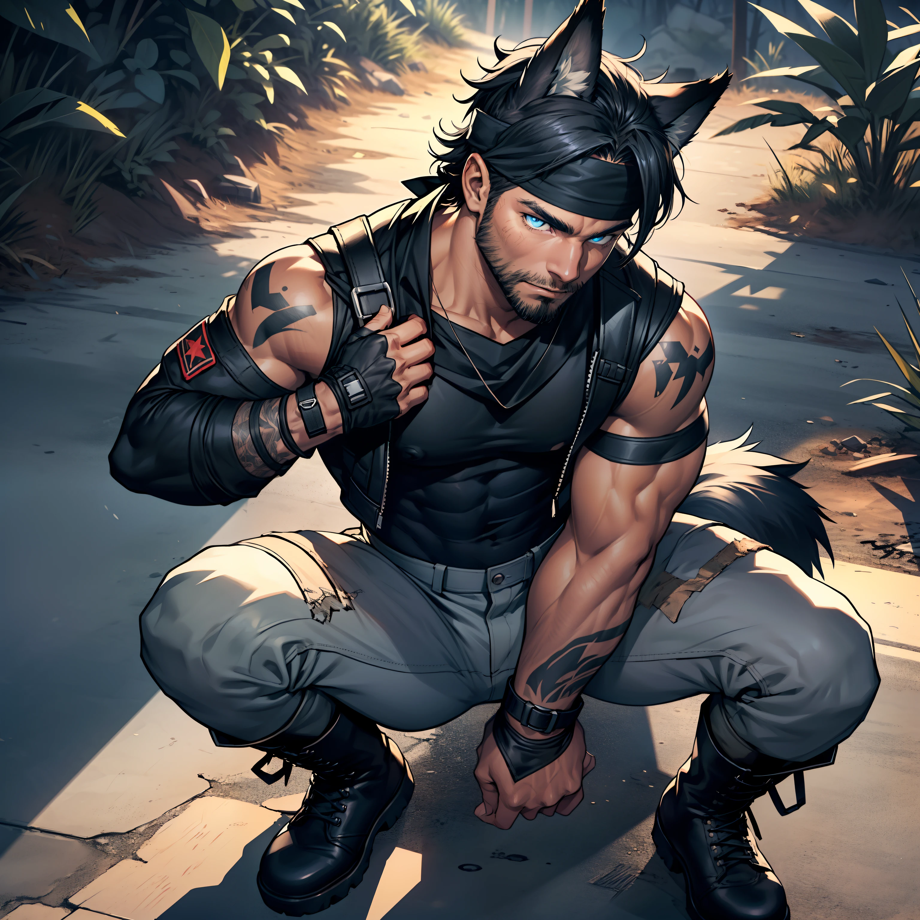 young military man ((black military boots)), full body shot, crouching, viewed from above, ((nighttime)), lit from above, under a spotlight, high contrast, masculine male with short beard, bad boy, body hair, ((dark tanned skin)), bulge, hairy armpits, short cropped white hair, ((has wolf ears)), ((has wolf tail)), smoky grunge punk graffiti, wearing skintight black pants, sagging low on his hips, ((solo, alone)), has glowing blue eyes, covered in tattoos, wearing bandana and leather wrist bands, wearing fingerless gloves, muscular thighs
