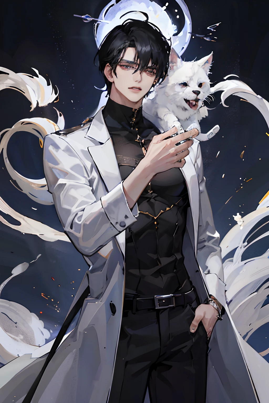Manhwa Arte Europeo, 25 years old man, Pelo desordenado de la cabecera, Cabello negro azabache, ojos penetrantes, cejas gruesas, Llevar disfraz de vampiro, ojos amarillos, orejas punteagudas, colmillos salientes de su boca, sangre resbalando de su boca, amenazante, sexy, sensual,  razor-sharp jawline, mirada penetrante, Cold and mysterious character, 8k, Detailed features, muy guapo