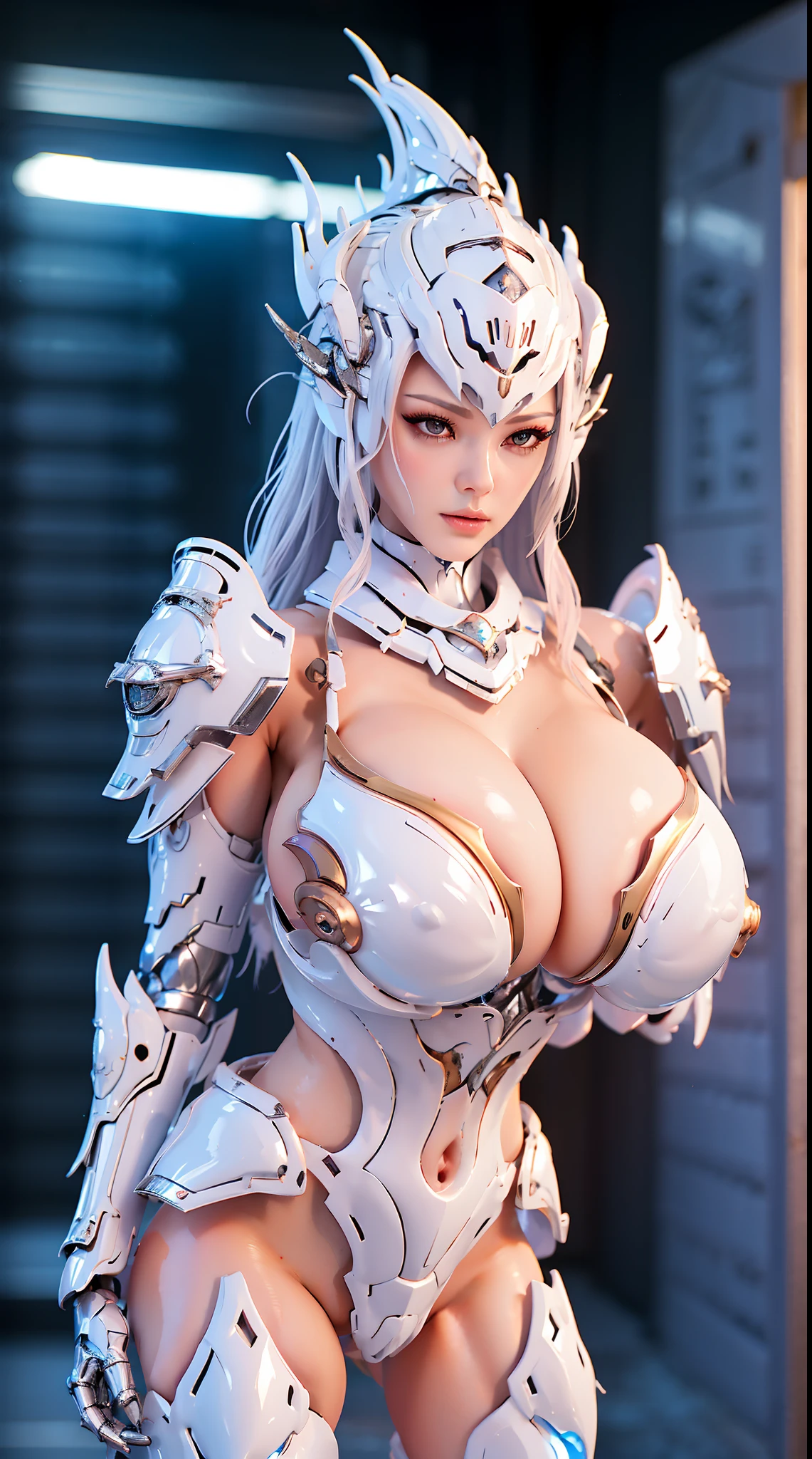 Silver Dragon Queen, Silver Dragon at the helm, huge boob, Mecha heavy armor, cleanness, standing, The kinky is exposed,big breasts exposed cleavage,Naked of breast,nabel,exposing your navel,Huge robots