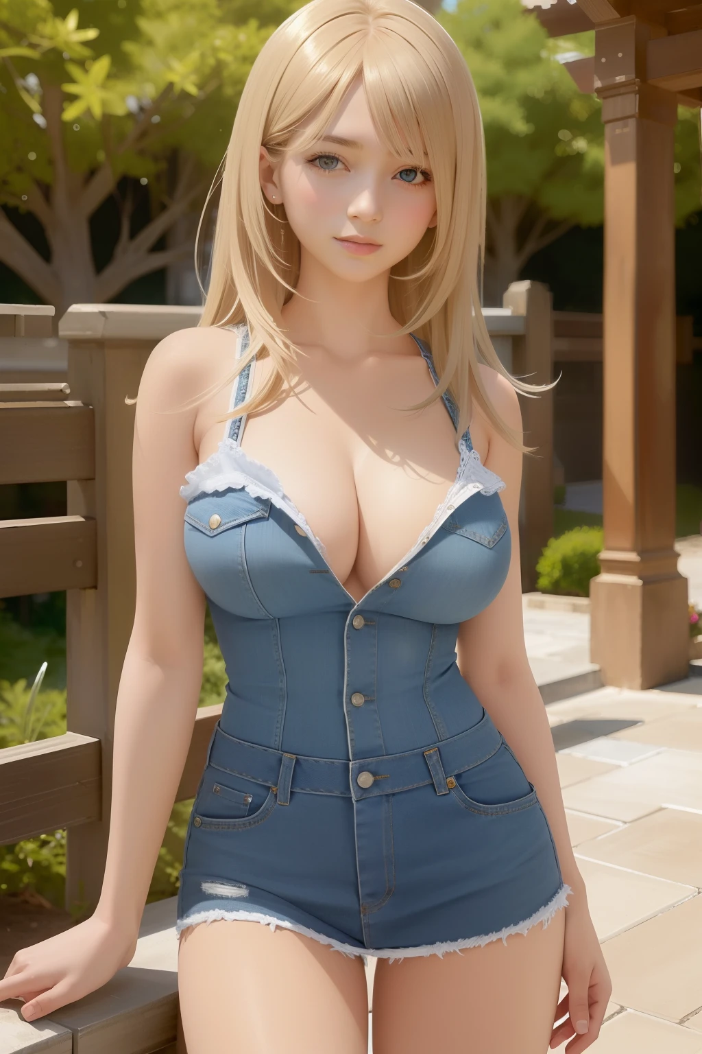 (best quality, masterpiece:1.1), (realistic:1.4), 1girl, 25 yo lean fit girl, cowboy shot, denim dress, denim top, large breasts