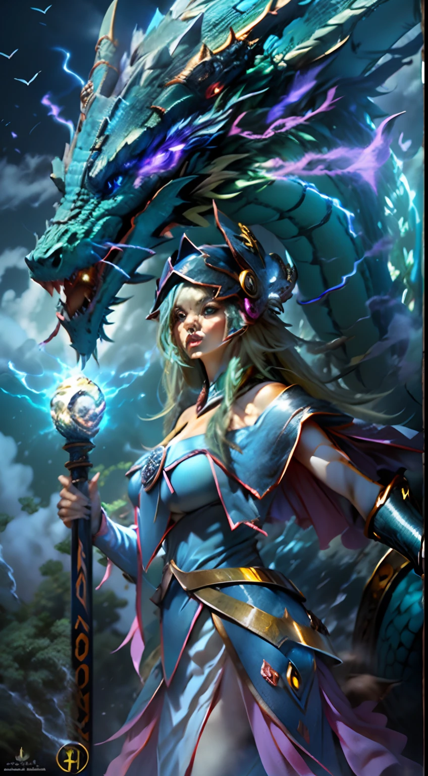 The White Dragon's blue eyes rose into the air(Dark Mage manipulates the dragon:1.3),(The dark wizard girl has her back to the camera:1.3),Las nubes del cielo rodean los alrededores,magia de luz,fantastic background,Significado de fondo,Ridiculous background,There are artistic overlays,cabello rubio, surrealismo, cinematic lighting, Trazado de rayos, Luz de Dios, Speed Line, view angle, hiper HD, obra maestra, La mejor calidad, Super detail, A high resolution, alta calidad,(vista lejana:1.3)The Dark Wizard manipulates a dragon