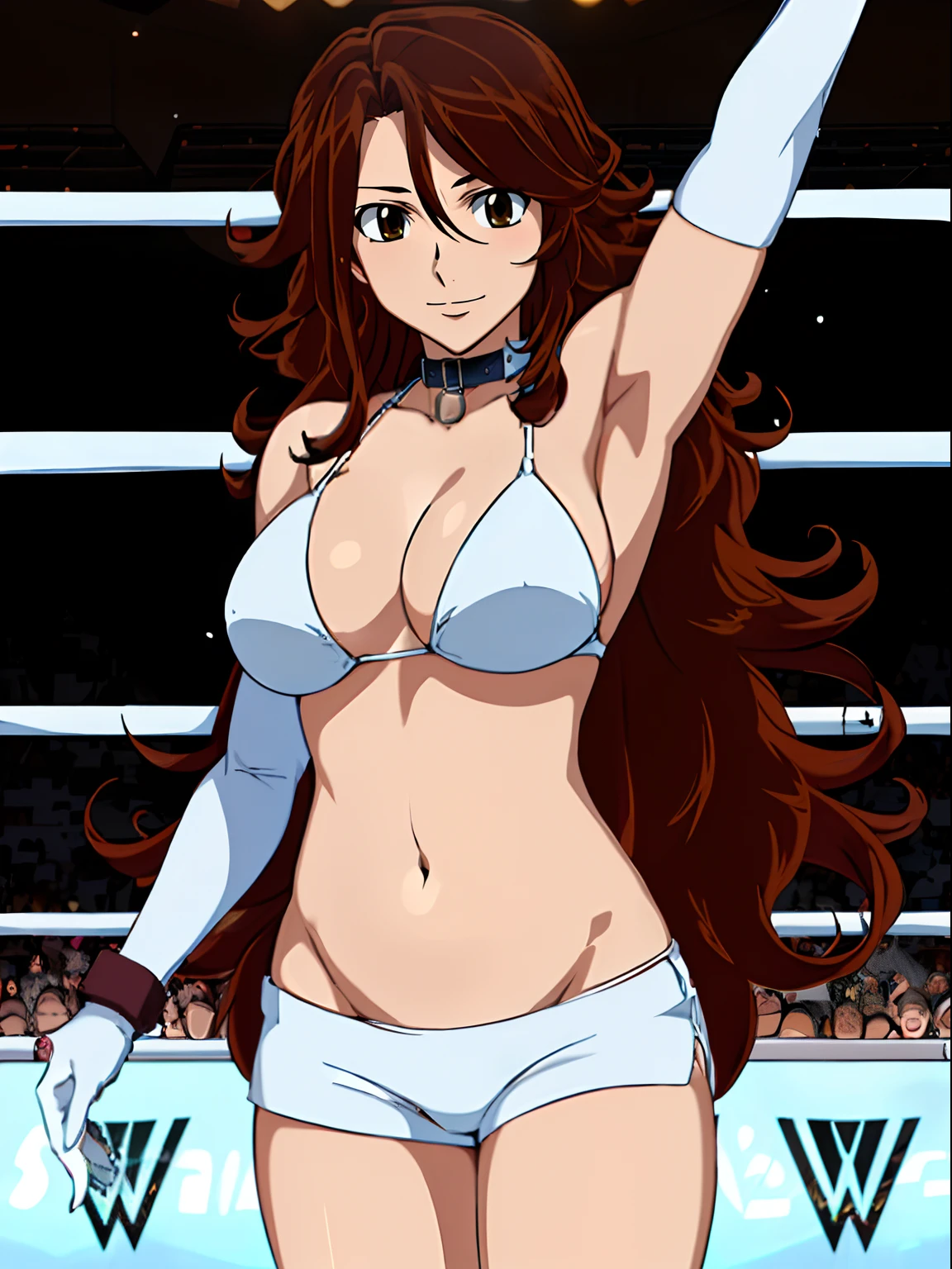 (wwe), body view, anime style: 1.8, anime drawing, ultra detailed face, ultra detailed body, 4k, Sumergai Lee Noriega, (standing), best quality, anime style, hires, highest definition, digital blending, bold drawing lines, ((wwe diva), (location: wrestling arena, crowds watching), ( slim body, little biceps, thighs, off-shoulders, (curvy: 2.8)), ((white bikini, shorts, groin, , white gloves, collar, elbow pad)), victorious, winner, gentle, (big breasts, smile), (big eyes, brown eyes), (clapping), (brown hair, loose hair, curly hair, wavy hair, long hair, missy hair), 27 years old,