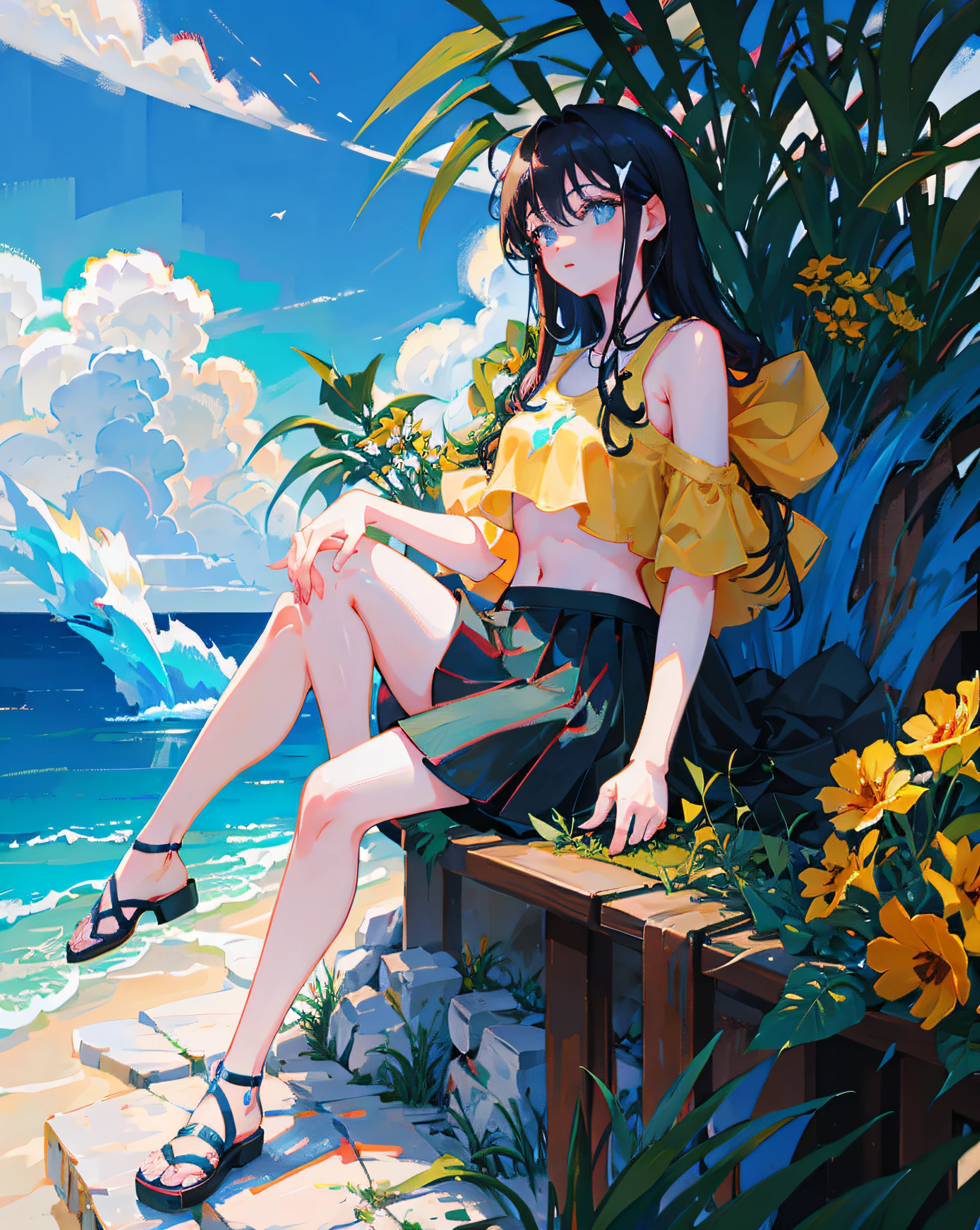 (Realistic painting style:1.0), Masterpiece, Best quality, absurderes, comic strip, illustration,
1 girl, long hair, cute girl, young and cute girl, Korean girl, {Breasts}, hana, 
a girl sitting on a rock near a tree in a black dress, wearing a sexy cropped top, wearing crop top and miniskirt, black top, wearing a black cropped tank top, black skirt, a black chocker,