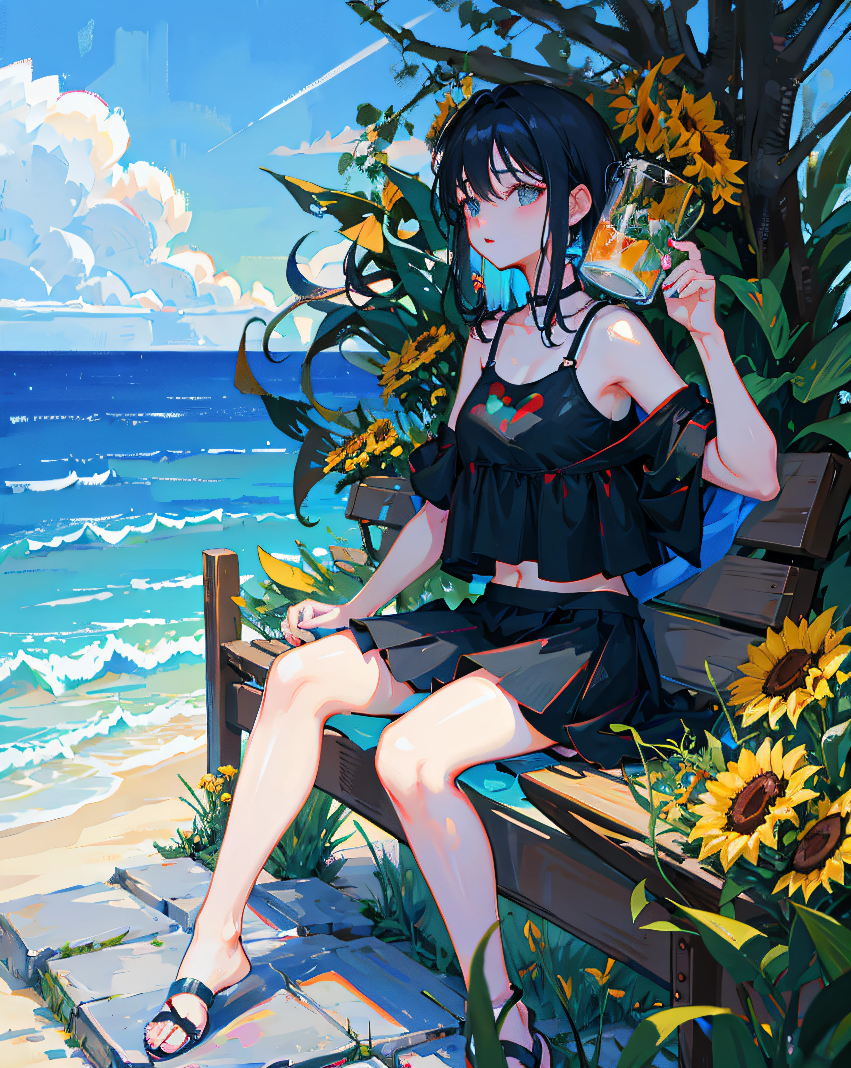 (Realistic painting style:1.0), Masterpiece, Best quality, absurderes, comic strip, illustration,
1 girl, long hair, cute girl, young and cute girl, Korean girl, {Breasts}, hana,
a girl sitting on a rock near a tree in a black dress, wearing a sexy cropped top, wearing crop top and miniskirt, black top, wearing a black cropped tank top, black skirt, a black chocker,