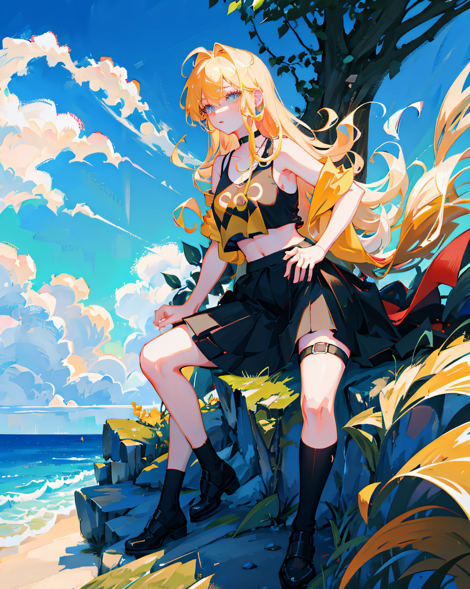 (Realistic painting style:1.0), Masterpiece, Best quality, absurderes, comic strip, illustration,
1 girl, Long hair, Cute girl, young and cute girl, Korean girl, {Breasts}, Hana,
A girl in a black dress sits on a rock next to a tree, wearing sexy cropped top, wearing crop top and miniskirt, Black top, wearing a black cropped tank top, Black skirt, a black choker,
Blonde, Blonde hair, blond hairbl,