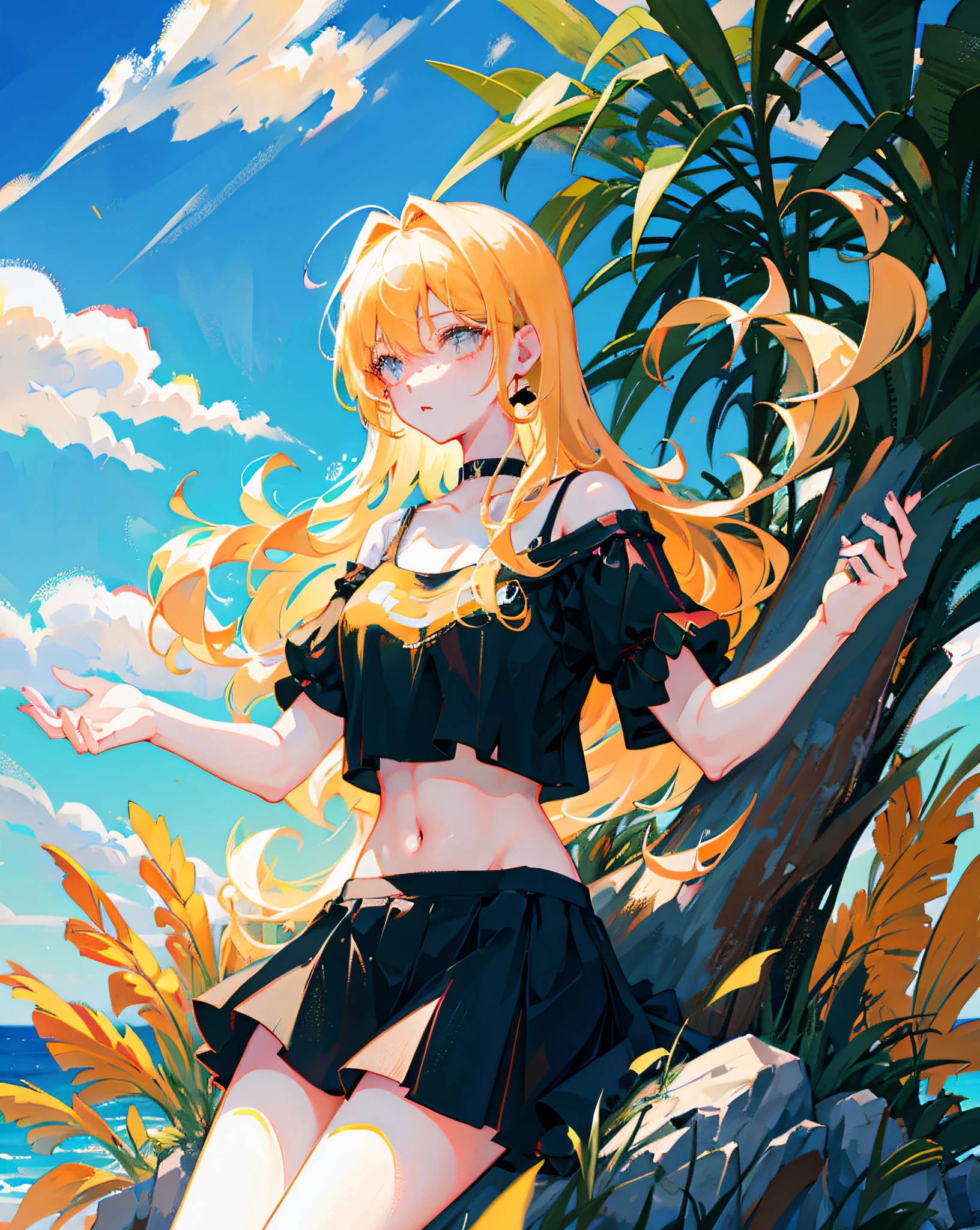 (Realistic painting style:1.0), Masterpiece, Best quality, absurderes, comic strip, illustration,
1 girl, Long hair, Cute girl, young and cute girl, Korean girl, {Breasts}, Hana, 
A girl in a black dress sits on a rock next to a tree, wearing sexy cropped top, wearing crop top and miniskirt, Black top, wearing a black cropped tank top, Black skirt, a black choker, 
Blonde, Blonde hair, blond hairbl,